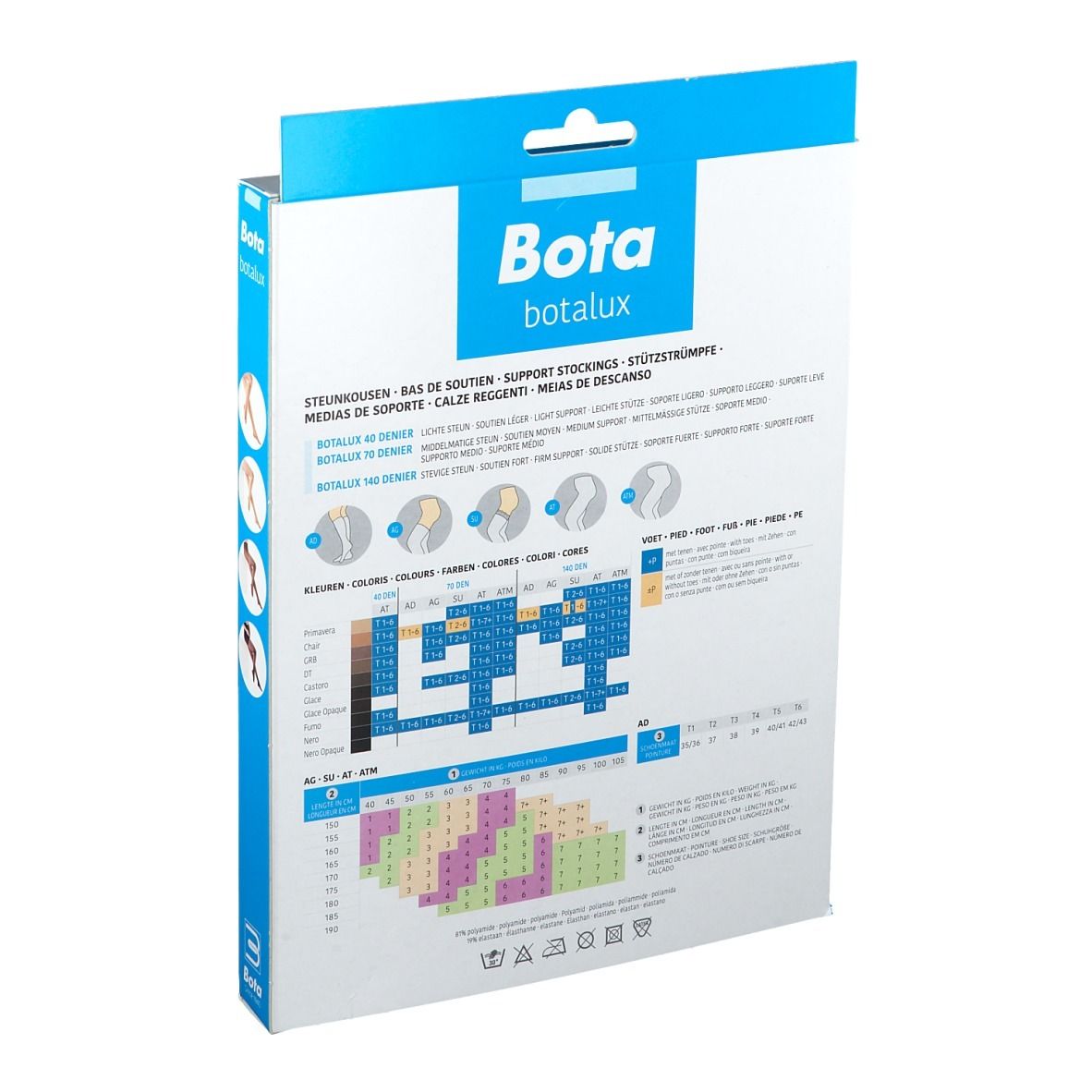 Dos de la boîte Bota Botalux 70 AT Panty Chair. Informations produit et tableau des tailles.