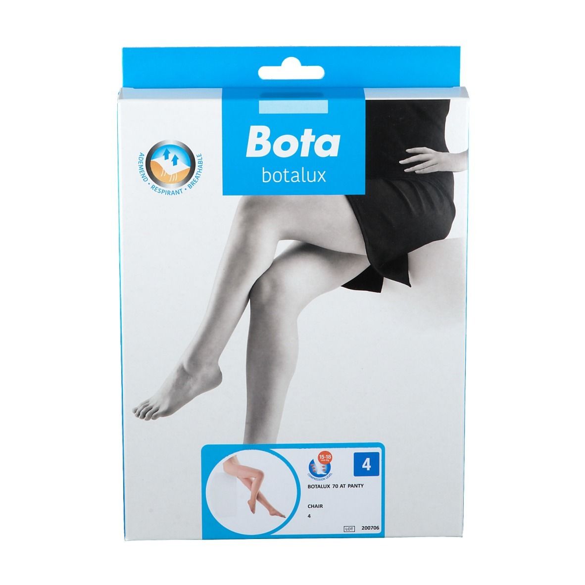 Boîte Bota Botalux 70 AT Panty Chair, taille 4. Image du produit sur l'emballage. Marque Bota. Taille 4.