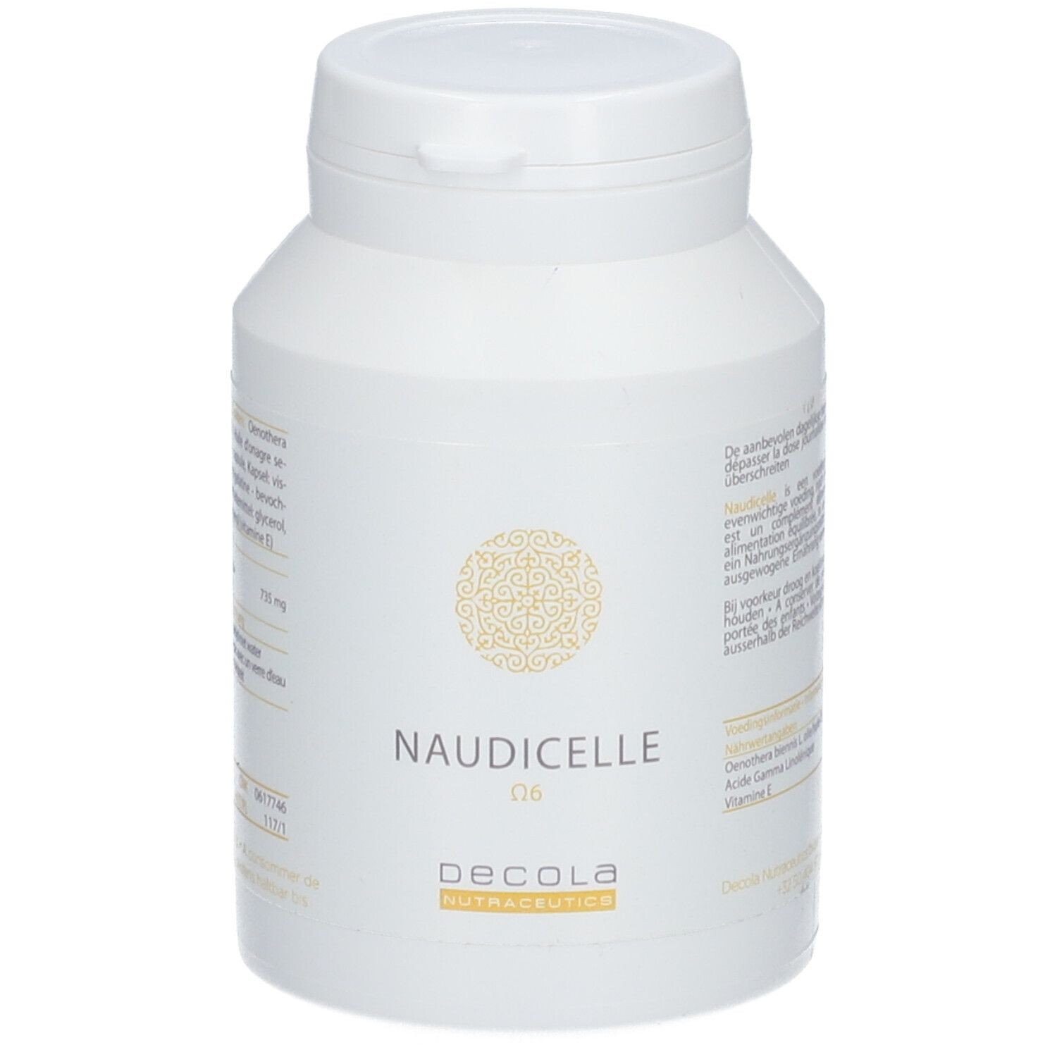 Weiße Flasche mit Kapseln. Aufschrift: Naudicelle D6, Decola Nutraceutics.