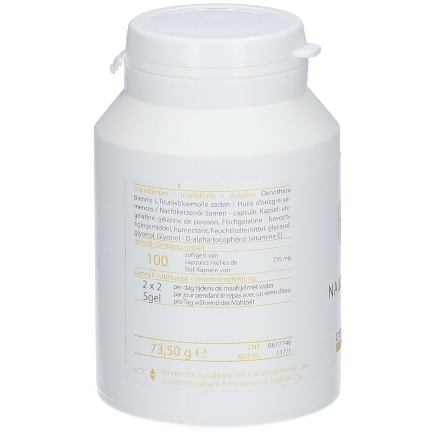 Rückseite der weißen Flasche. Enthält Informationen zu Inhaltsstoffen und Dosierung.
