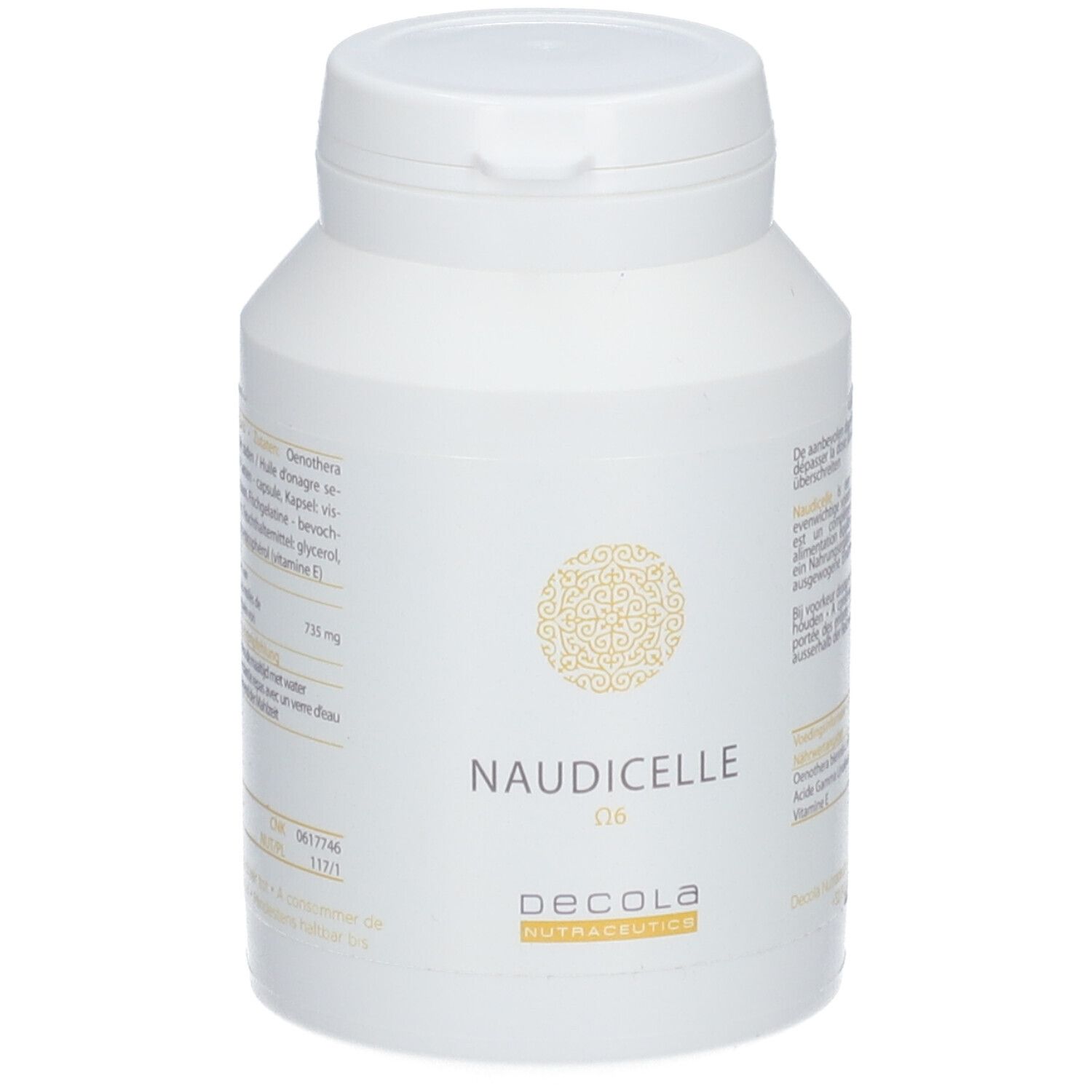 Weiße Flasche mit Kapseln. Aufschrift: Naudicelle D6, Decola Nutraceutics.