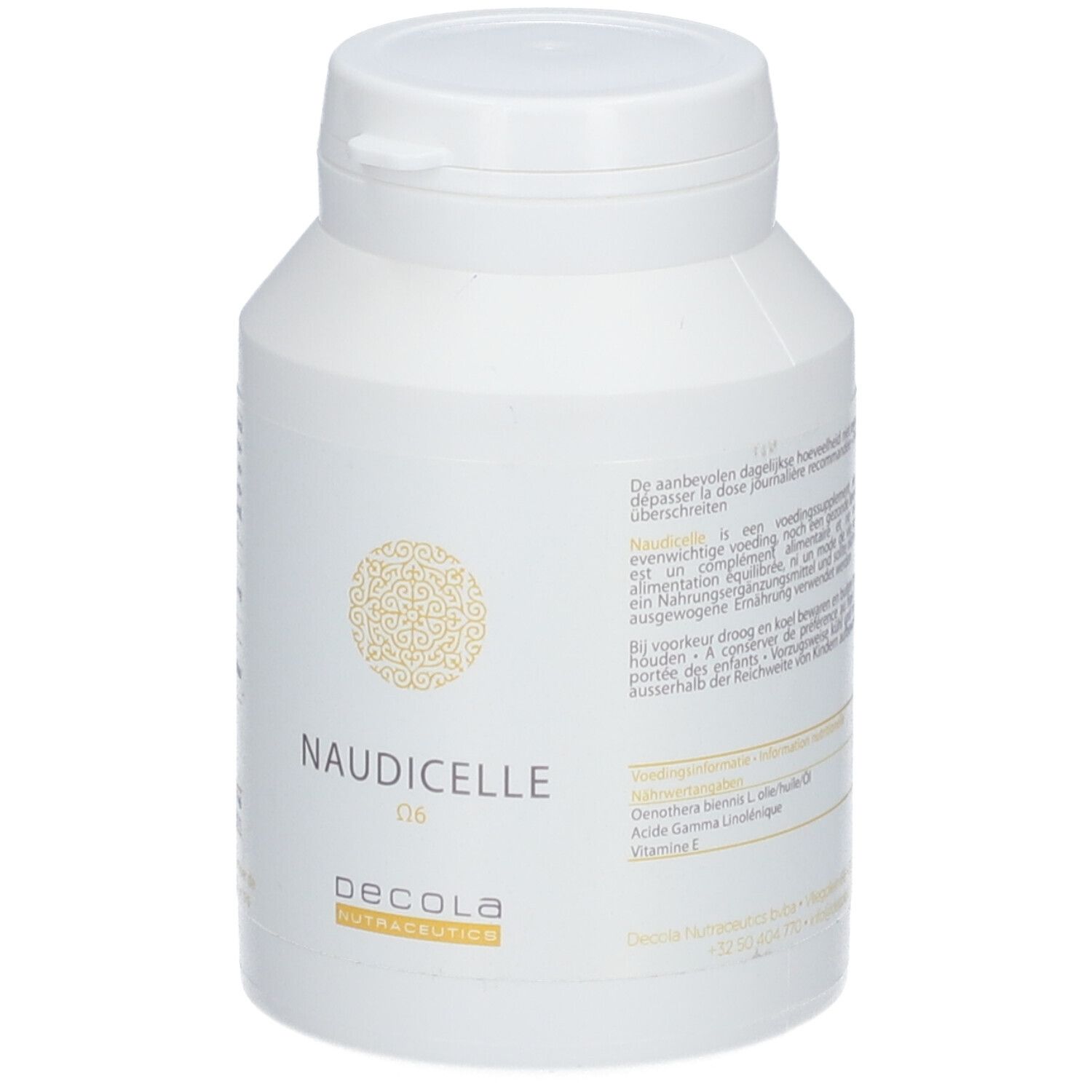 Weiße Flasche mit Kapseln. Aufschrift: Naudicelle D6, Decola Nutraceutics.