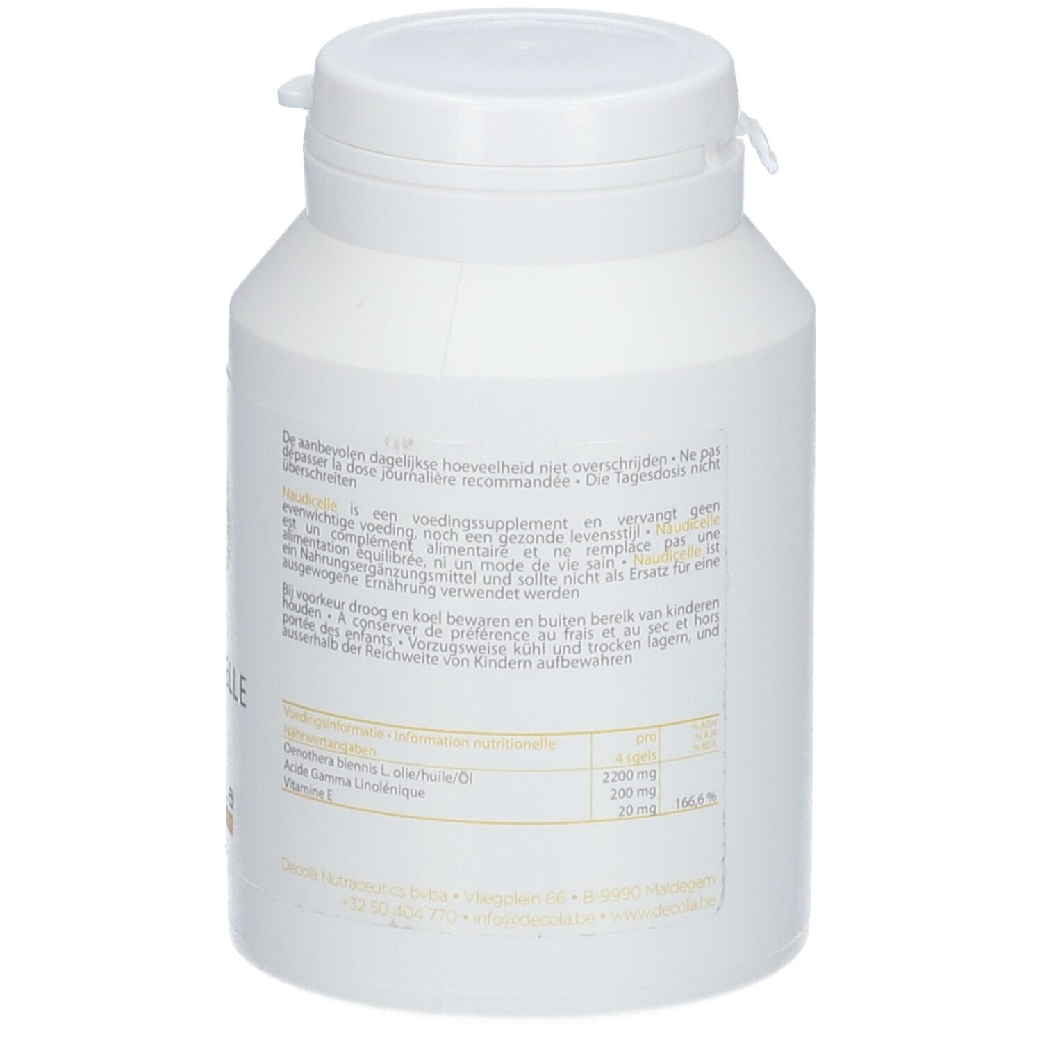Weiße Flasche mit Kapseln. Enthält Informationen zu Nährwerten und Dosierung.