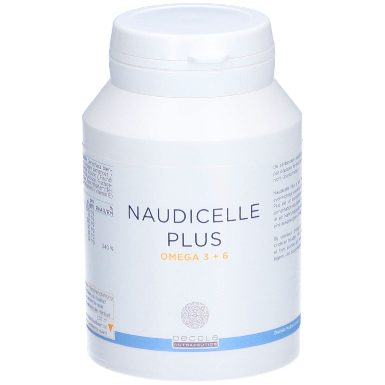 Flacon blanc avec inscription NAUDICELLE PLUS OMEGA 3+6. Logo Decola Nutraceutica. Couvercle à charnière.