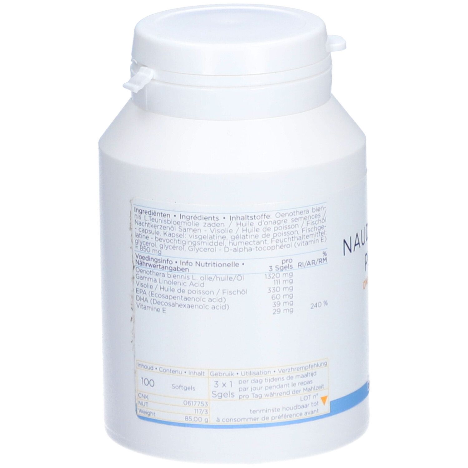 Dos du flacon blanc. Texte avec ingrédients, informations nutritionnelles et recommandations. 100 gélules.