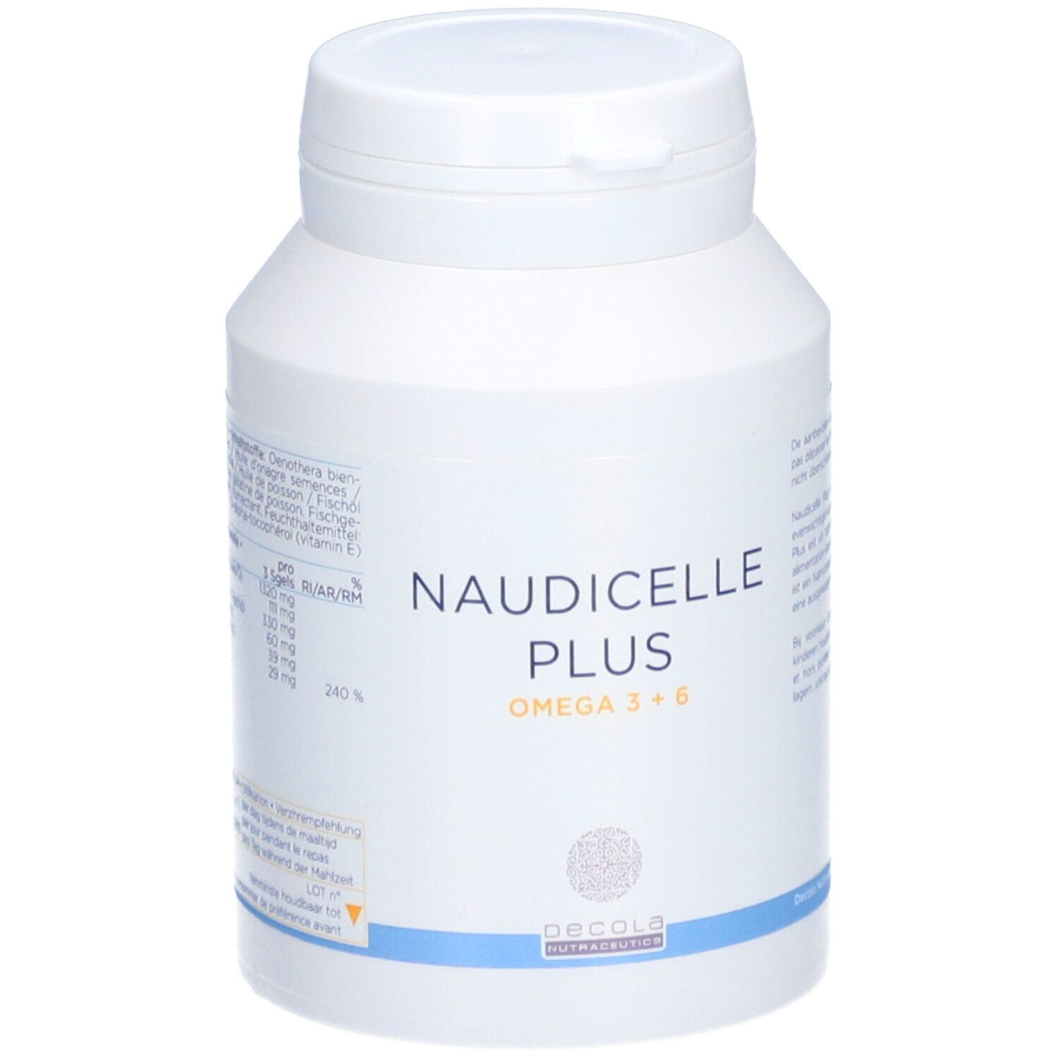 Flacon blanc avec inscription NAUDICELLE PLUS OMEGA 3+6. Logo Decola Nutraceutica. Couvercle à charnière.