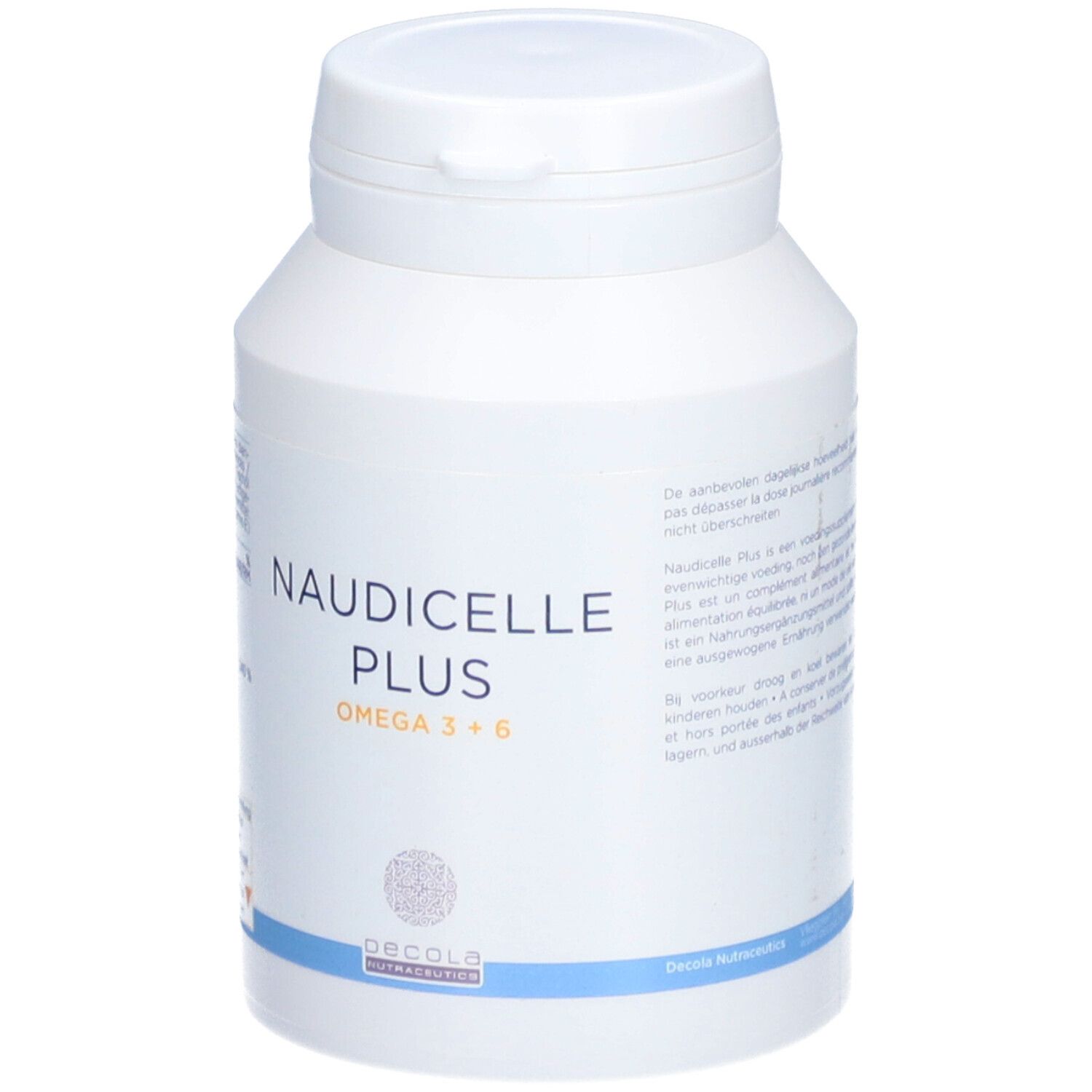 Flacon blanc avec inscription NAUDICELLE PLUS OMEGA 3+6. Logo Decola Nutraceutica. Couvercle à charnière.