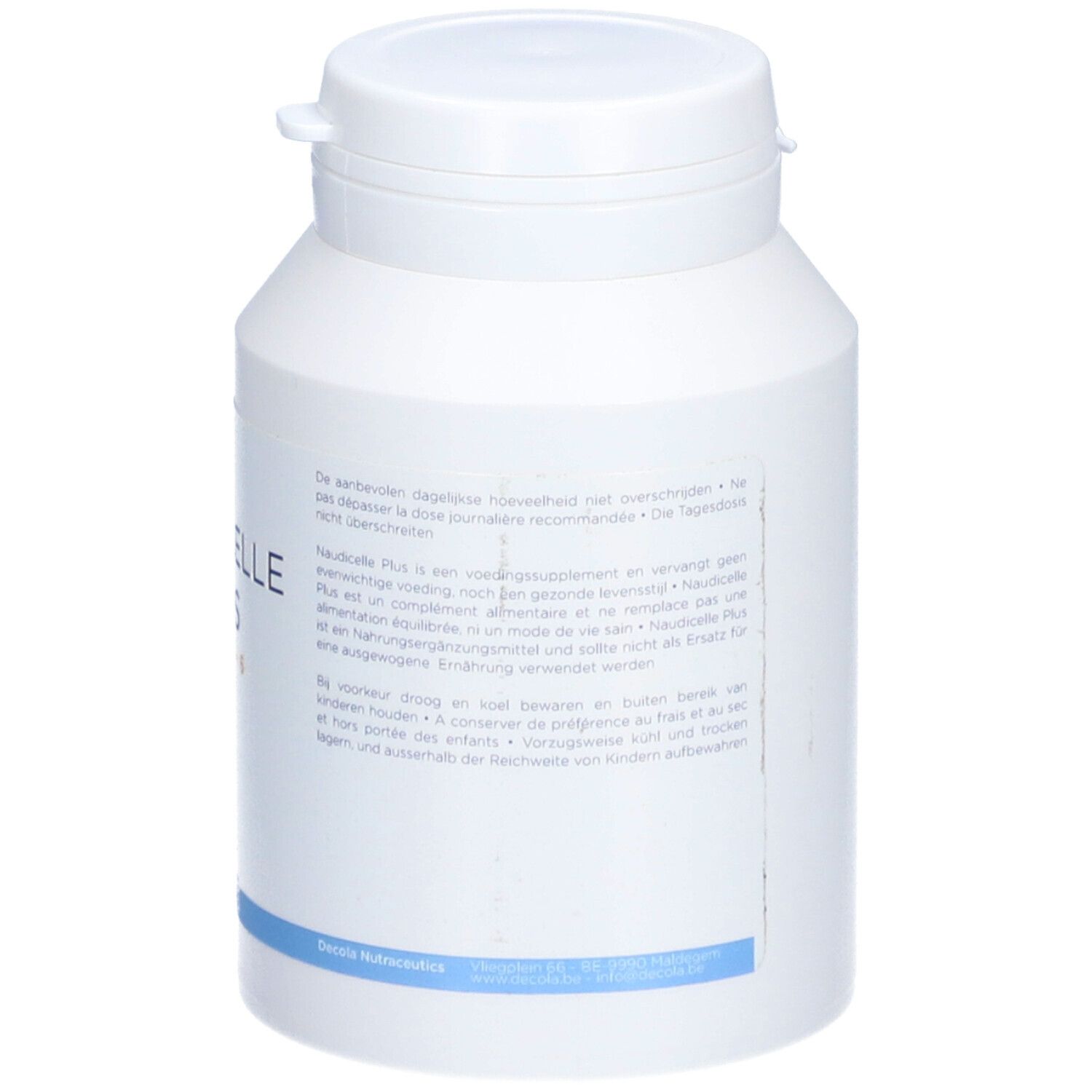 Dos du flacon blanc. Texte avec informations sur le produit. Ligne bleue en bas.