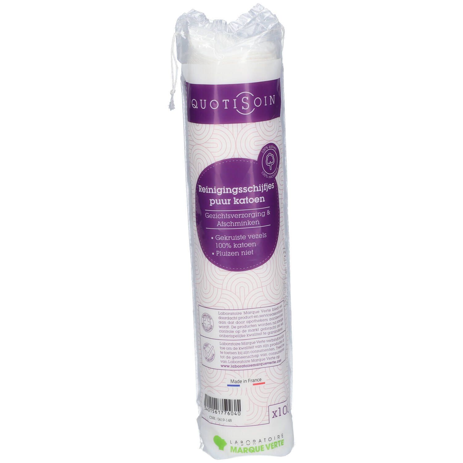 Verpakking watjes. Opschrift: Reinigingsschijfjes puur katoen. Merk: Laboratoire Marque Verte. x100 watjes.