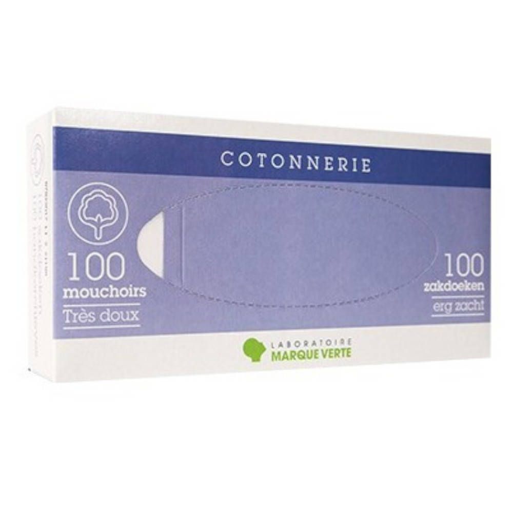 Taschentücher-Box mit 100 Stück. Marke MARQUE VERTE. Text: Très doux, 100 mouchoirs, 100 zakdoeken erg zacht.