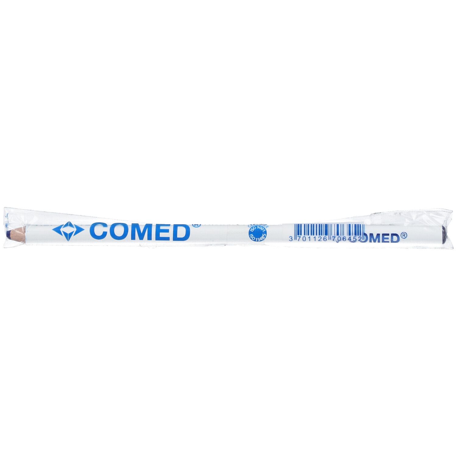 Crayon blanc dans un emballage transparent. Impression COMED et code-barres. Produit médical.