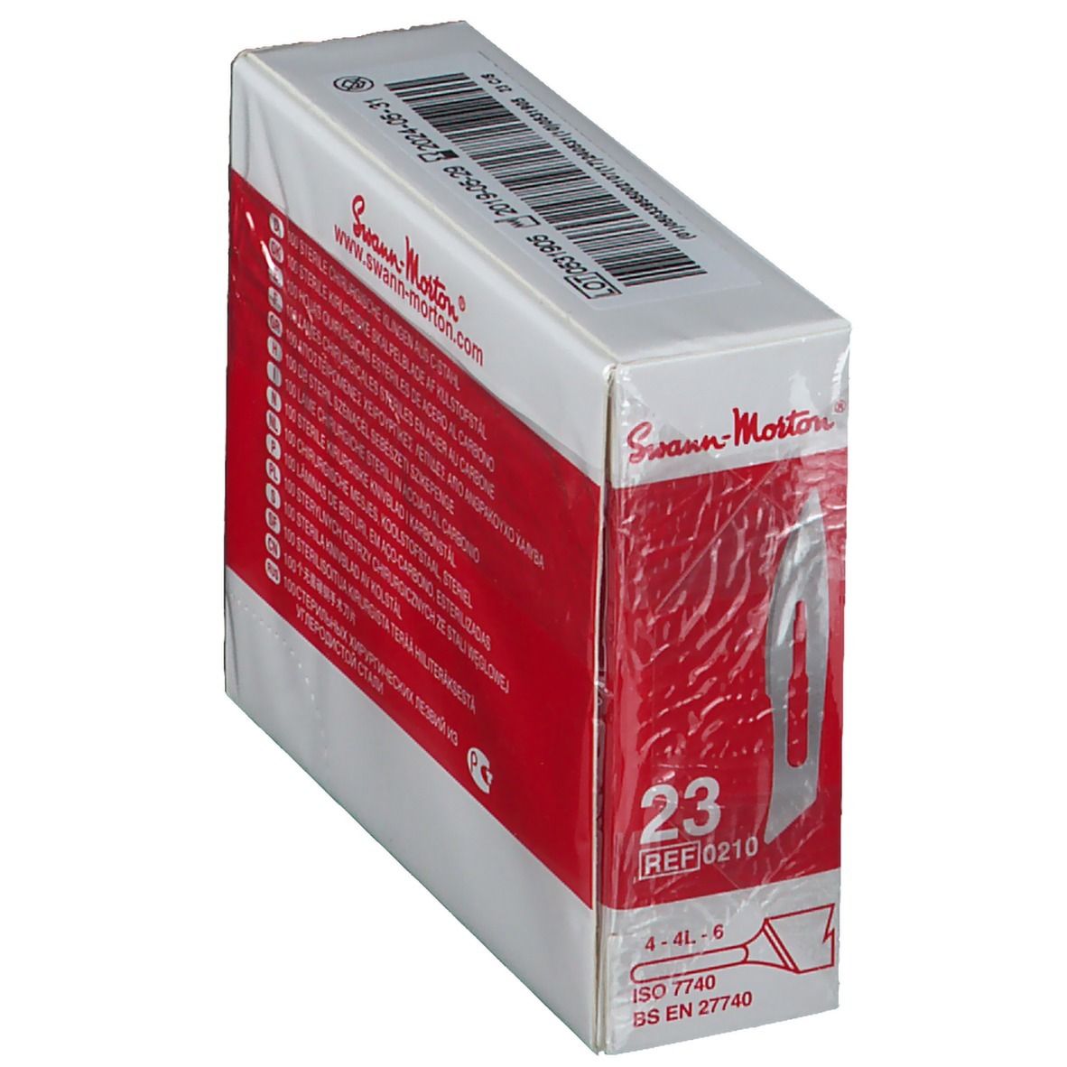 Schräg gestellte Verpackung mit chirurgischen Skalpellklingen. Produktinformationen und Zertifizierungen. Rote und weiße Verpackung.