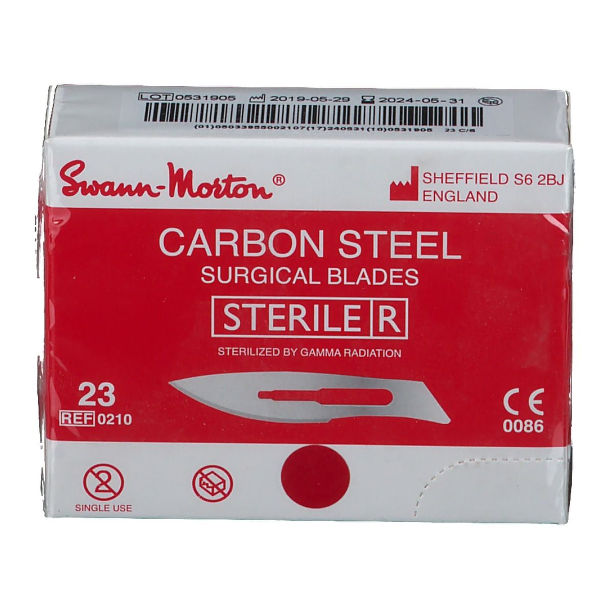 Verpackung mit chirurgischen Skalpellklingen Nr. 23. Steril, aus Karbonstahl. Rote und weiße Verpackung mit Produktinformationen.