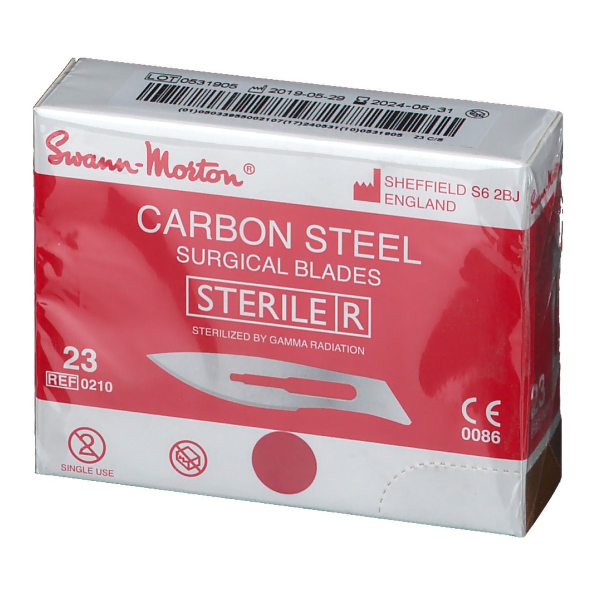 Verpackung mit chirurgischen Skalpellklingen Nr. 23. Steril, aus Karbonstahl. Rote und weiße Verpackung mit Produktinformationen.