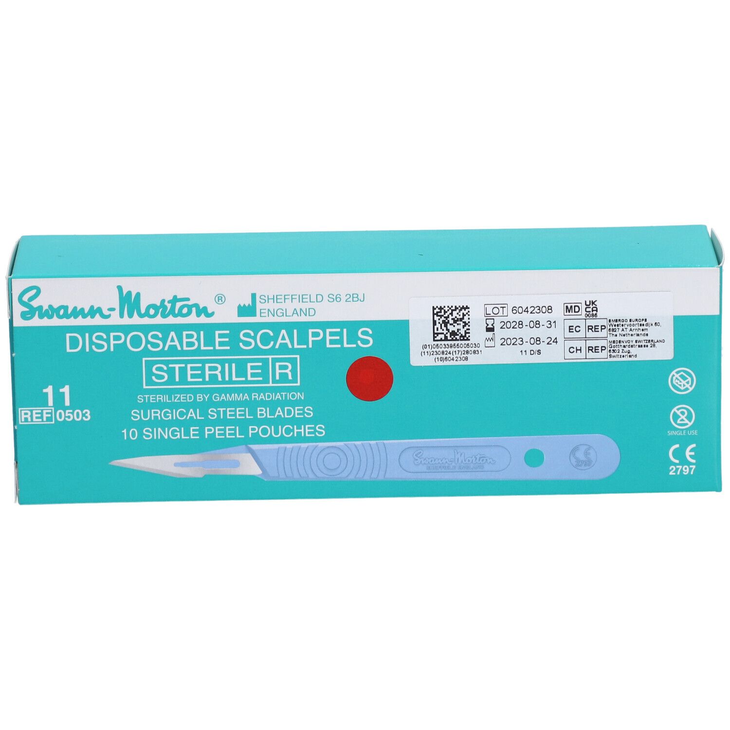 Schachtel mit Swann-Morton Einweg-Skalpellen Nr. 11. Enthält 10 sterile Skalpelle mit chirurgischen Stahlklingen. CE-Kennzeichnung.