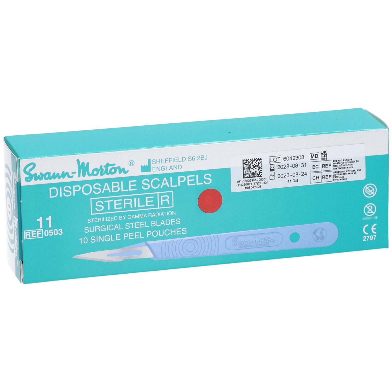 Schachtel mit Swann-Morton Einweg-Skalpellen Nr. 11. Enthält 10 sterile Skalpelle mit chirurgischen Stahlklingen. CE-Kennzeichnung.