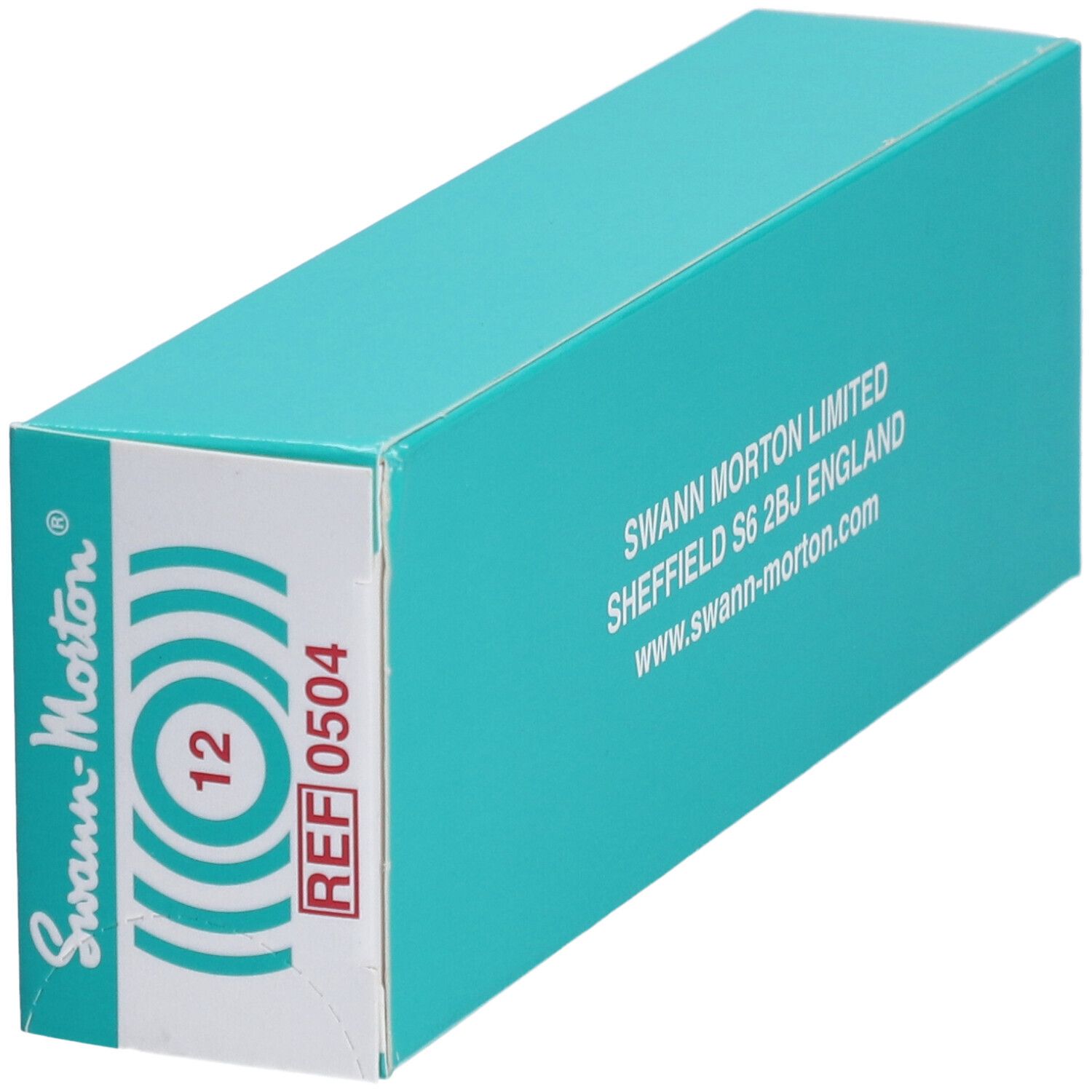 Türkisfarbene Schachtel mit Swann-Morton-Logo. Enthält 12 sterile Einwegskalpelle. Herstelleradresse.