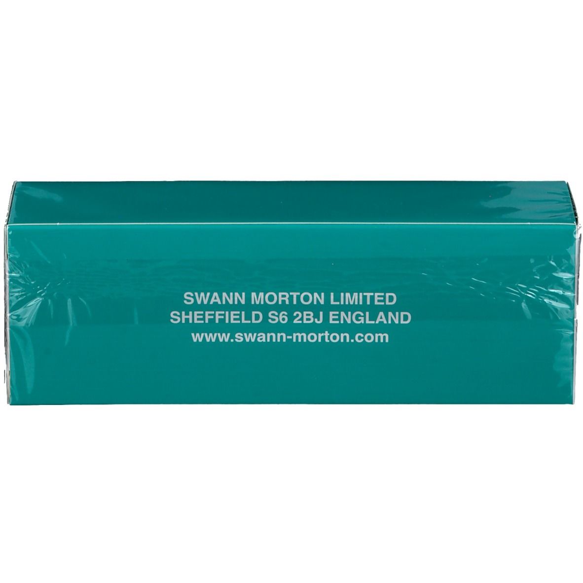 Groene verpakking met tekst: 'SWANN MORTON LIMITED', adres en website. Transparante plastic verpakking.