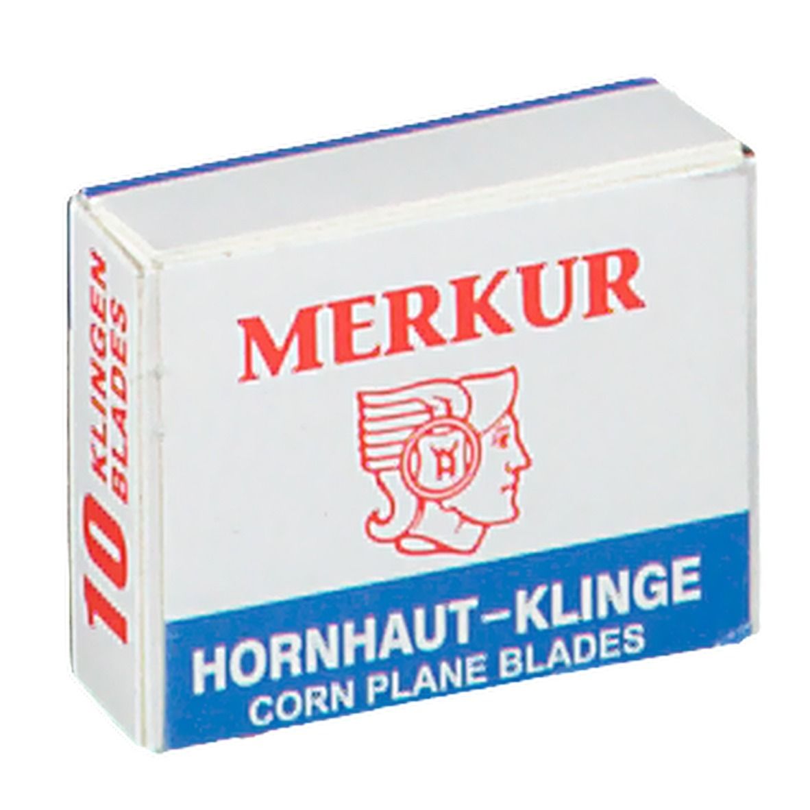 Weiß-blaue Schachtel mit roter Aufschrift MERKUR. Logo: Frau mit Helm. Text: Hornhaut-Klinge, Corn Plane Blades. Aufschrift: 10 Klingen.