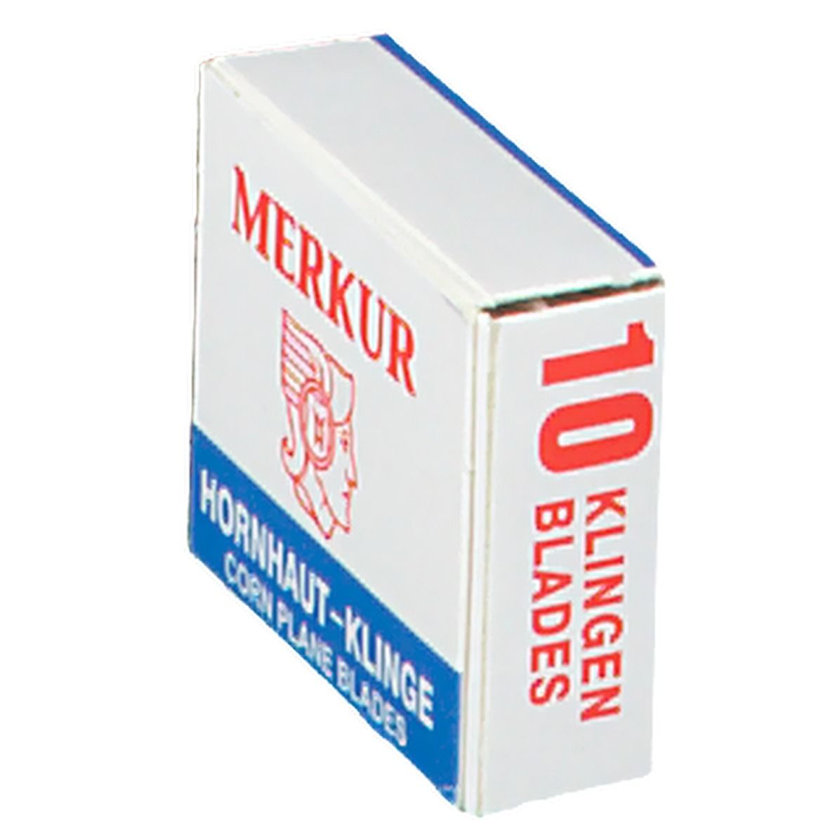 Weiß-blaue Schachtel mit roter Aufschrift MERKUR. Logo: Frau mit Helm. Text: Hornhaut-Klinge, Corn Plane Blades. Aufschrift: 10 Klingen.