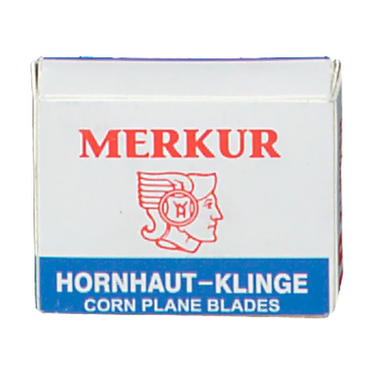 Weiß-blaue Schachtel mit roter Aufschrift MERKUR. Logo: Frau mit Helm. Text: Hornhaut-Klinge, Corn Plane Blades.