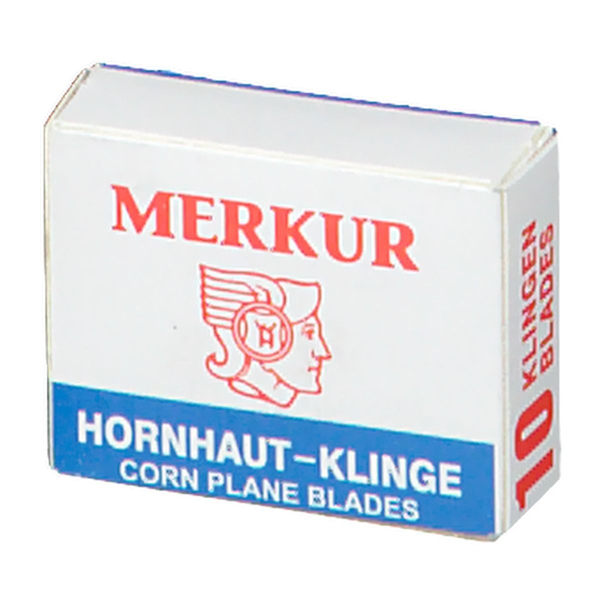 Weiß-blaue Schachtel mit roter Aufschrift MERKUR. Logo: Frau mit Helm. Text: Hornhaut-Klinge, Corn Plane Blades. Aufschrift: 10 Klingen.
