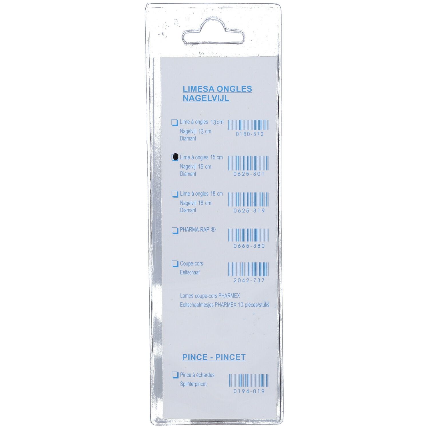 Dos de l'emballage blister. Informations produit : lime à ongles 15 cm diamant.