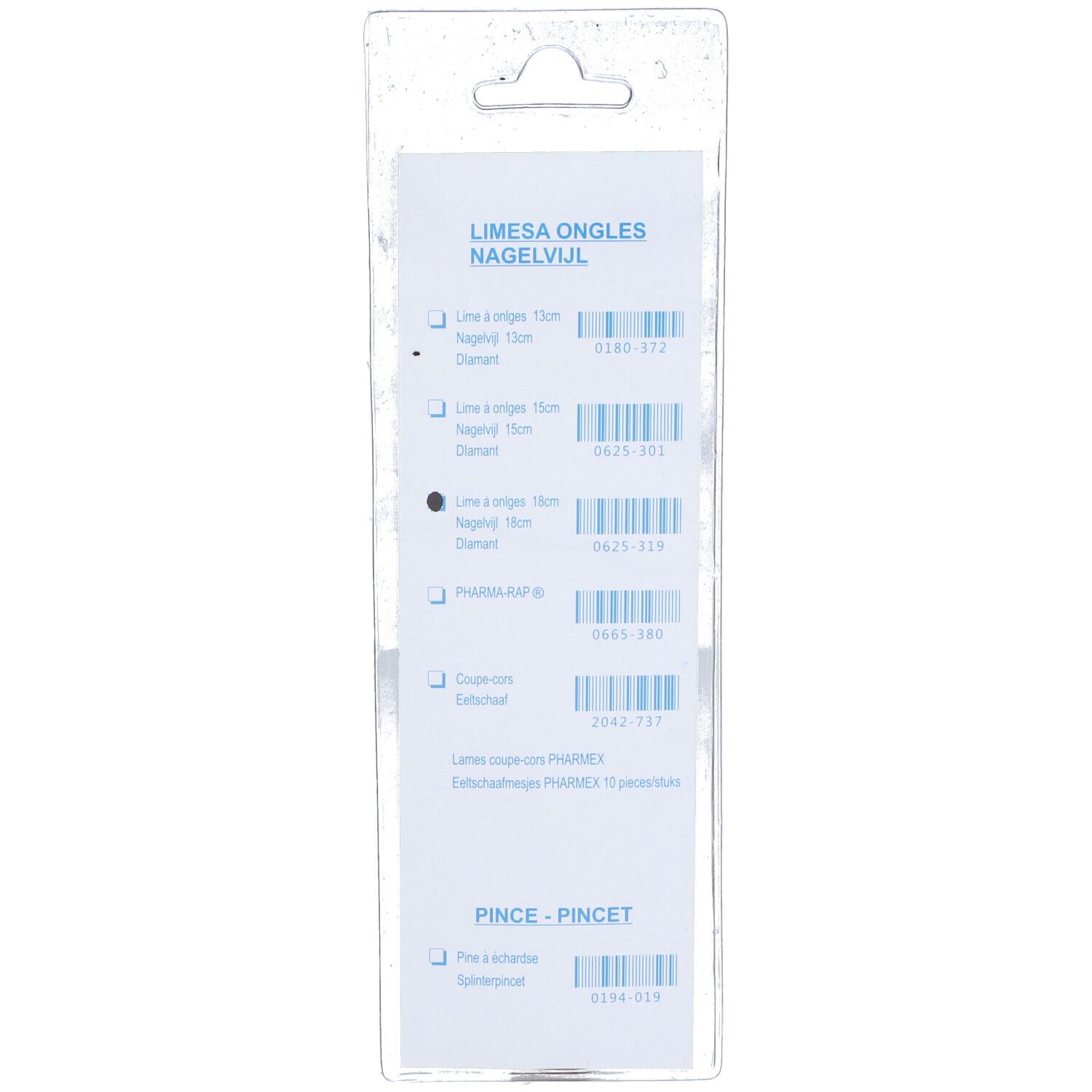 Dos de l'emballage blister. Informations produit et codes-barres. Texte: Limesa Ongles Nagelvijl.
