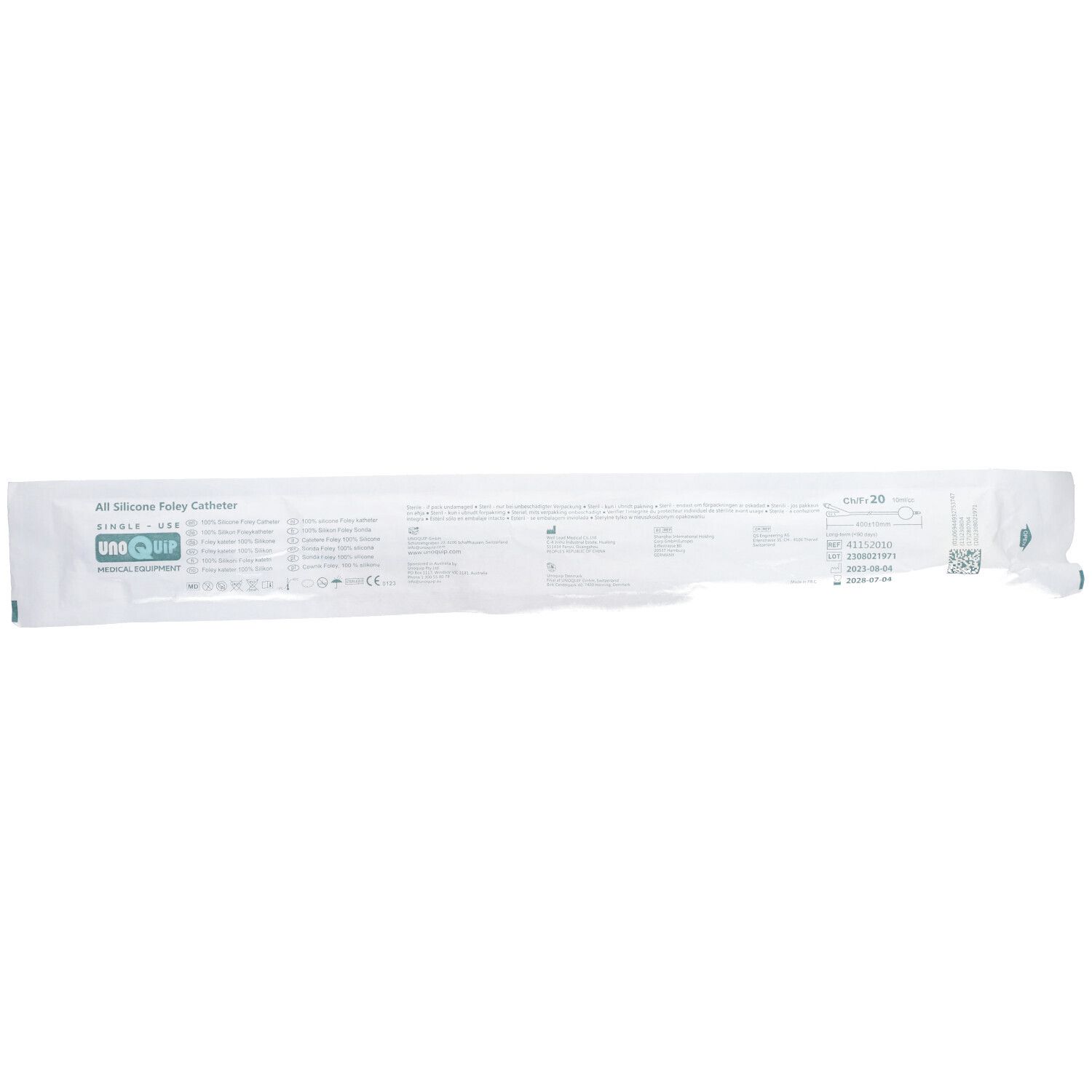Sonde médicale emballée. Inscription : All Silicone Foley Catheter. Marque : ONE-QUIP. Emballage individuel.