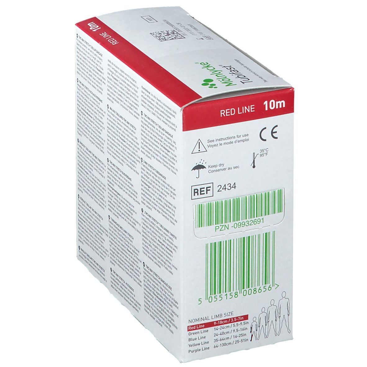 Boîte de Tubifast. Carton blanc avec ligne rouge. Code-barres, marquage CE, numéro REF. Indications de tailles pour différentes couleurs.