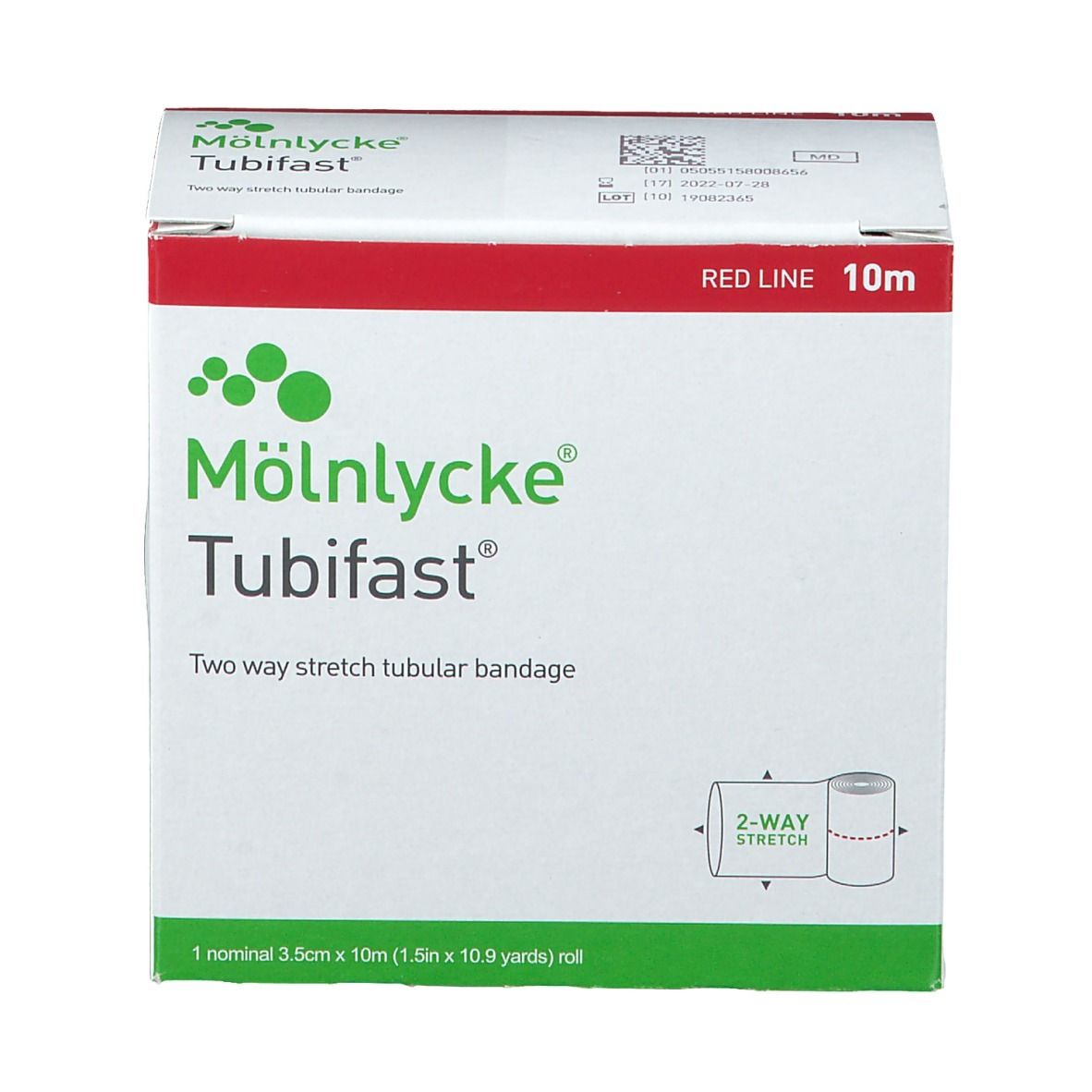 Boîte de Tubifast. Carton blanc avec ligne rouge. Inscription: Mölnlycke Tubifast, extensible dans les deux sens. Contient un rouleau de 3,5cm x 10m.