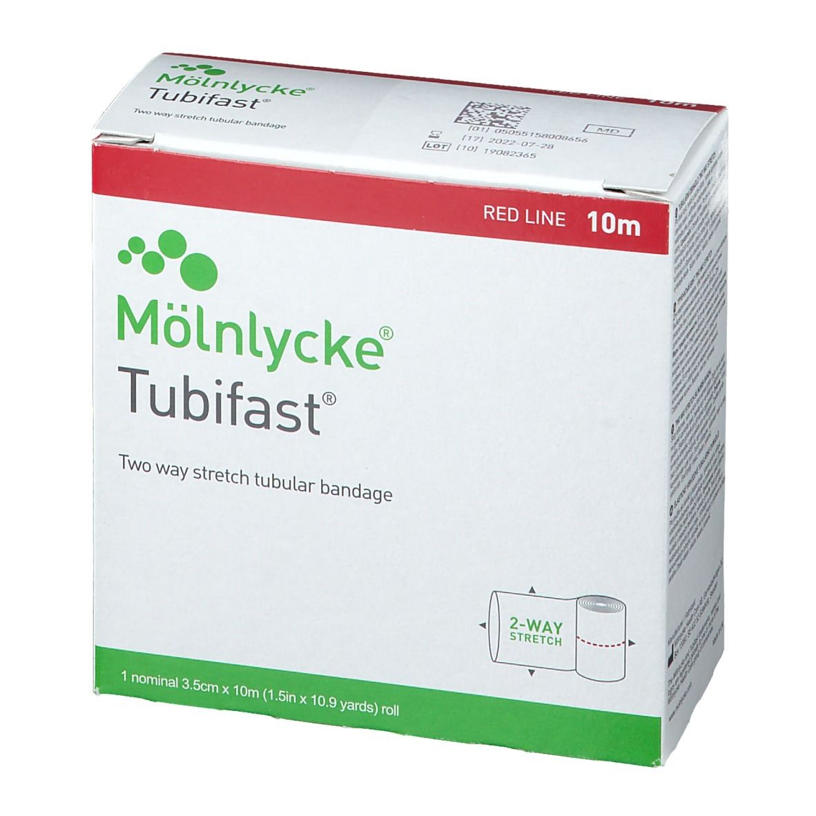 Boîte de Tubifast. Carton blanc avec ligne rouge. Inscription: Mölnlycke Tubifast, extensible dans les deux sens. Contient un rouleau de 3,5cm x 10m.