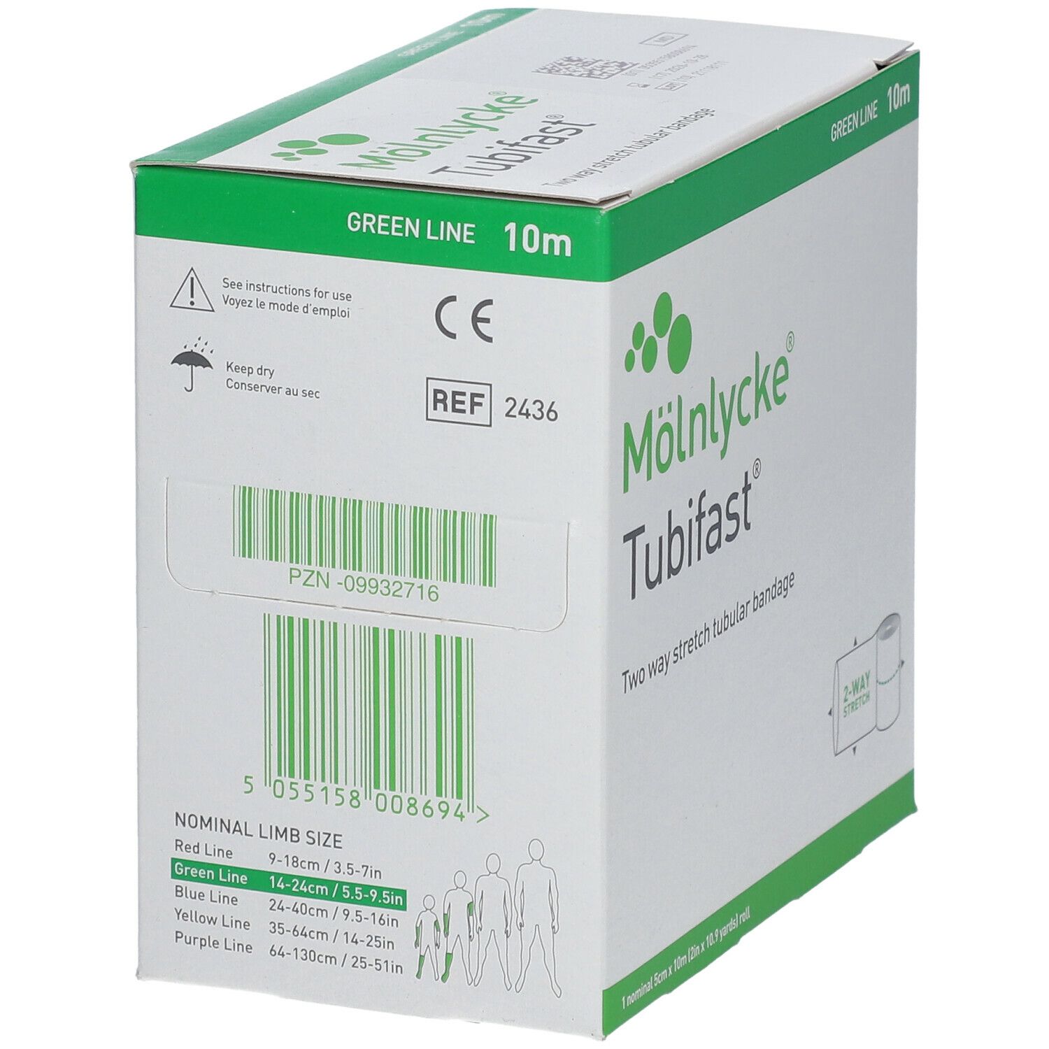 Emballage de bandage Tubifast®. Dos avec indications de taille pour les membres. Vert, 10 m. Marque Mölnlycke. Marquage CE.