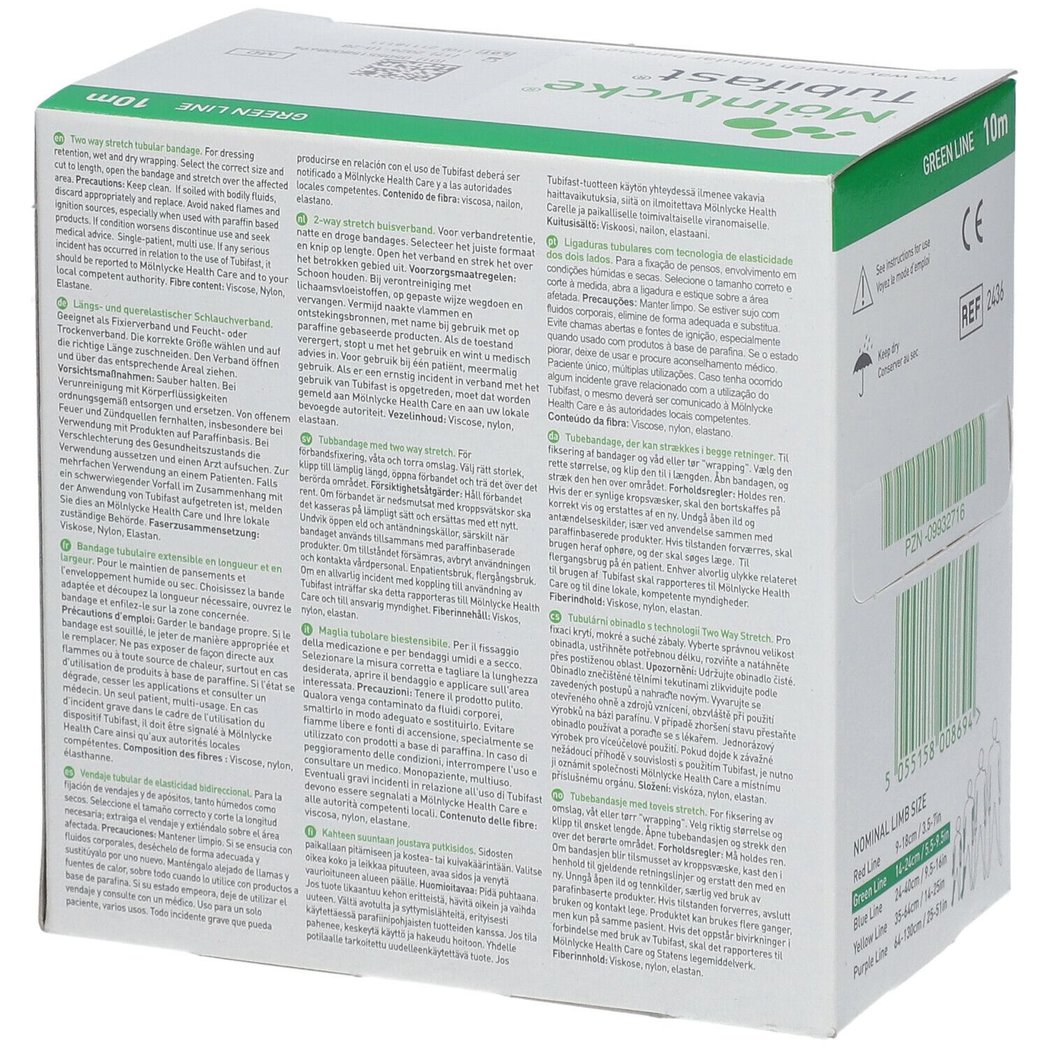 Emballage de bandage Tubifast®. Dos avec texte multilingue. Vert, 10 m. Marque Mölnlycke. Marquage CE.