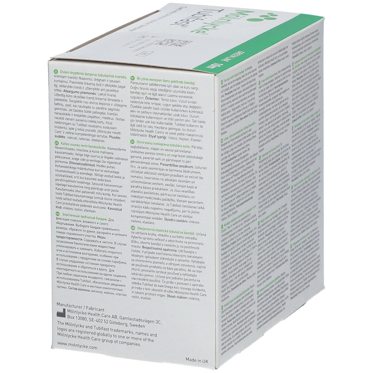 Emballage de bandage Tubifast®. Dos avec texte multilingue. Marque Mölnlycke. Fabriqué au Royaume-Uni.