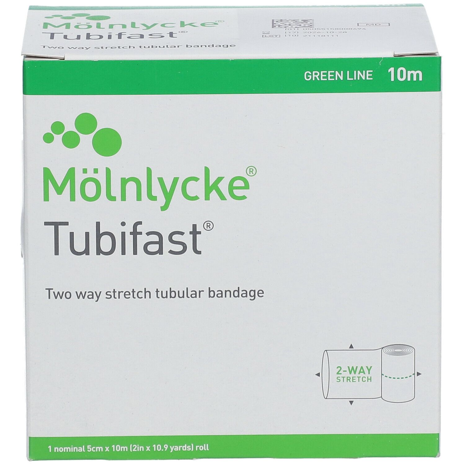 Emballage de bandage tubulaire Tubifast® 2-Way Stretch®. Vert, rouleau de 10 m. Marque Mölnlycke. Indication: 2-Way Stretch.