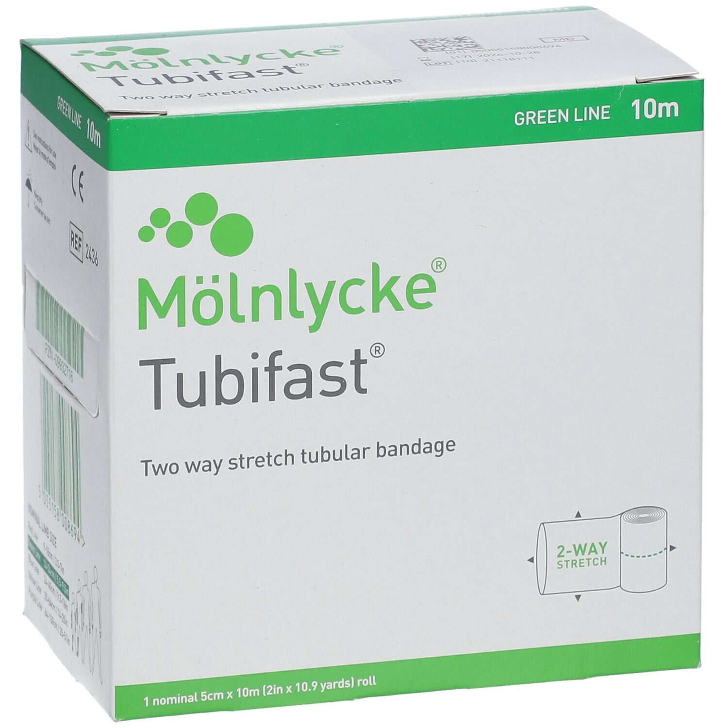 Emballage de bandage tubulaire Tubifast® 2-Way Stretch®. Vert, rouleau de 10 m. Marque Mölnlycke. Indication: 2-Way Stretch.