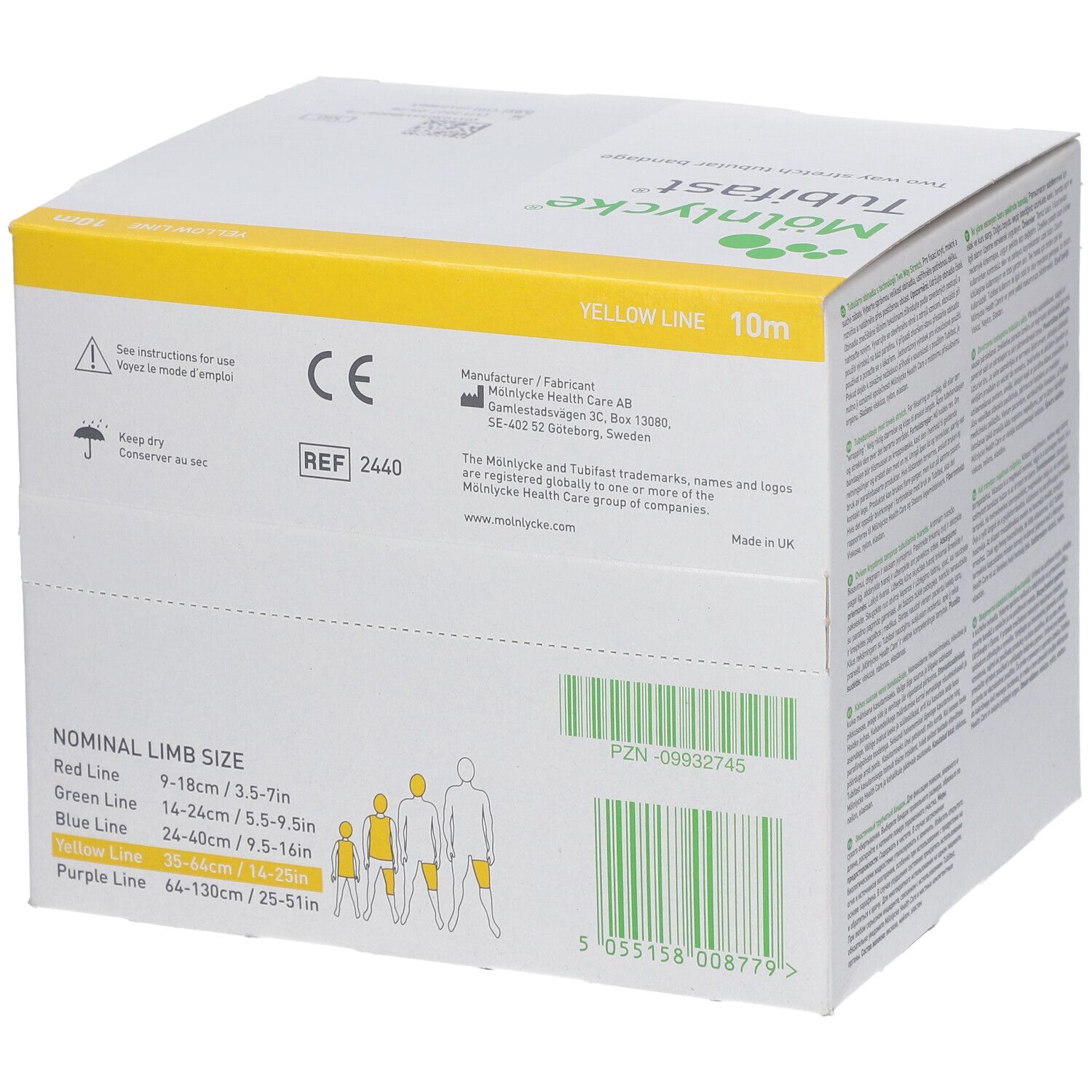 Dos de l'emballage Tubifast®. Bande jaune avec informations produit. Marquage CE et indications de taille.