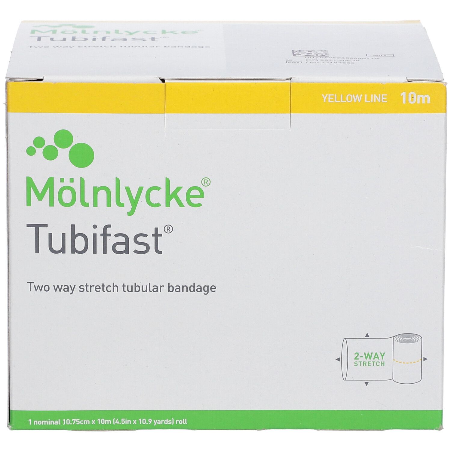 Boîte de bandage Tubifast® 2-Way Stretch®. Blanc avec accents jaunes. Logo et nom du produit visibles.