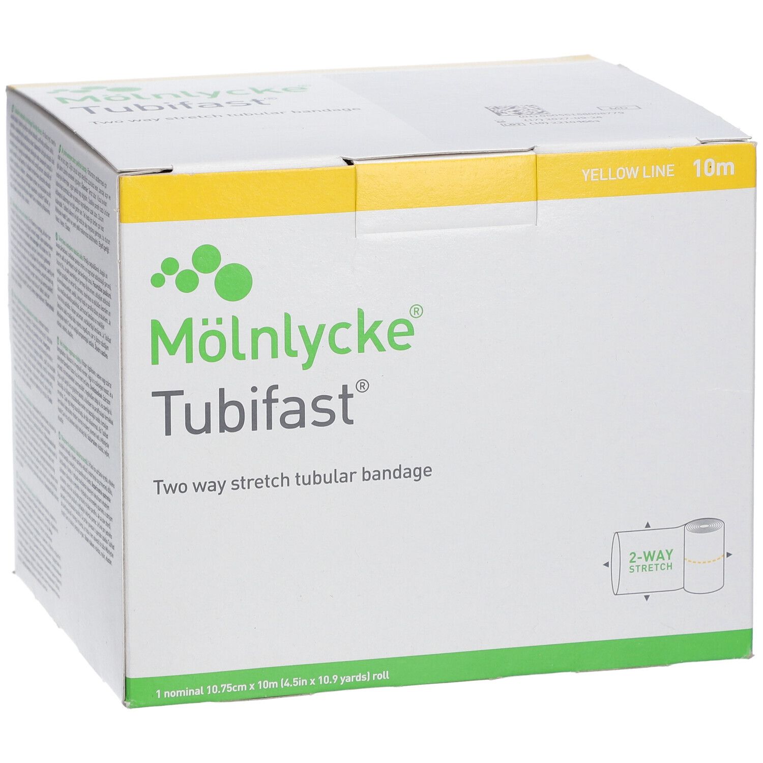 Boîte de bandage Tubifast® 2-Way Stretch®. Blanc avec accents jaunes. Logo et nom du produit visibles.