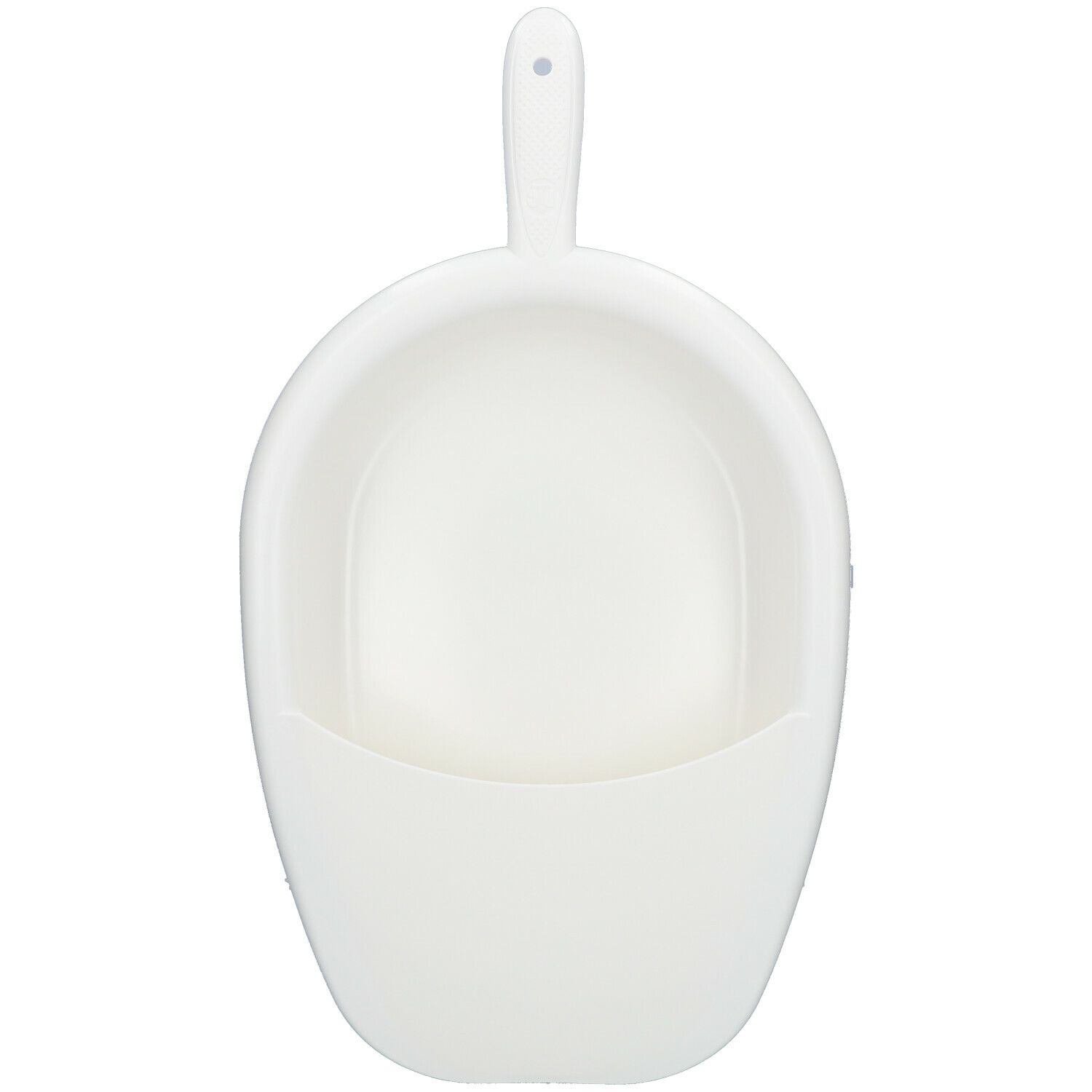 Witte bedpan van kunststof met handvat. Ovale vorm met verhoogde zijkanten en handvat. Bovenaanzicht.