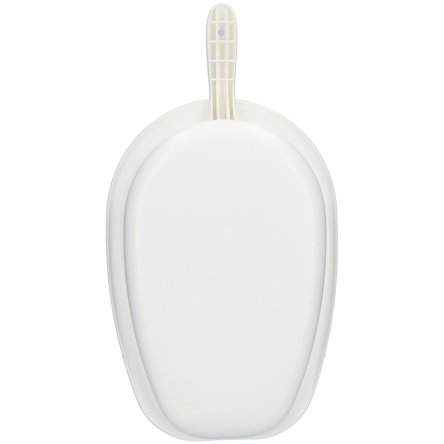 Bedpan van wit kunststof met handvat. Ovale vorm met verhoogde zijkanten en handvat. Bovenaanzicht.