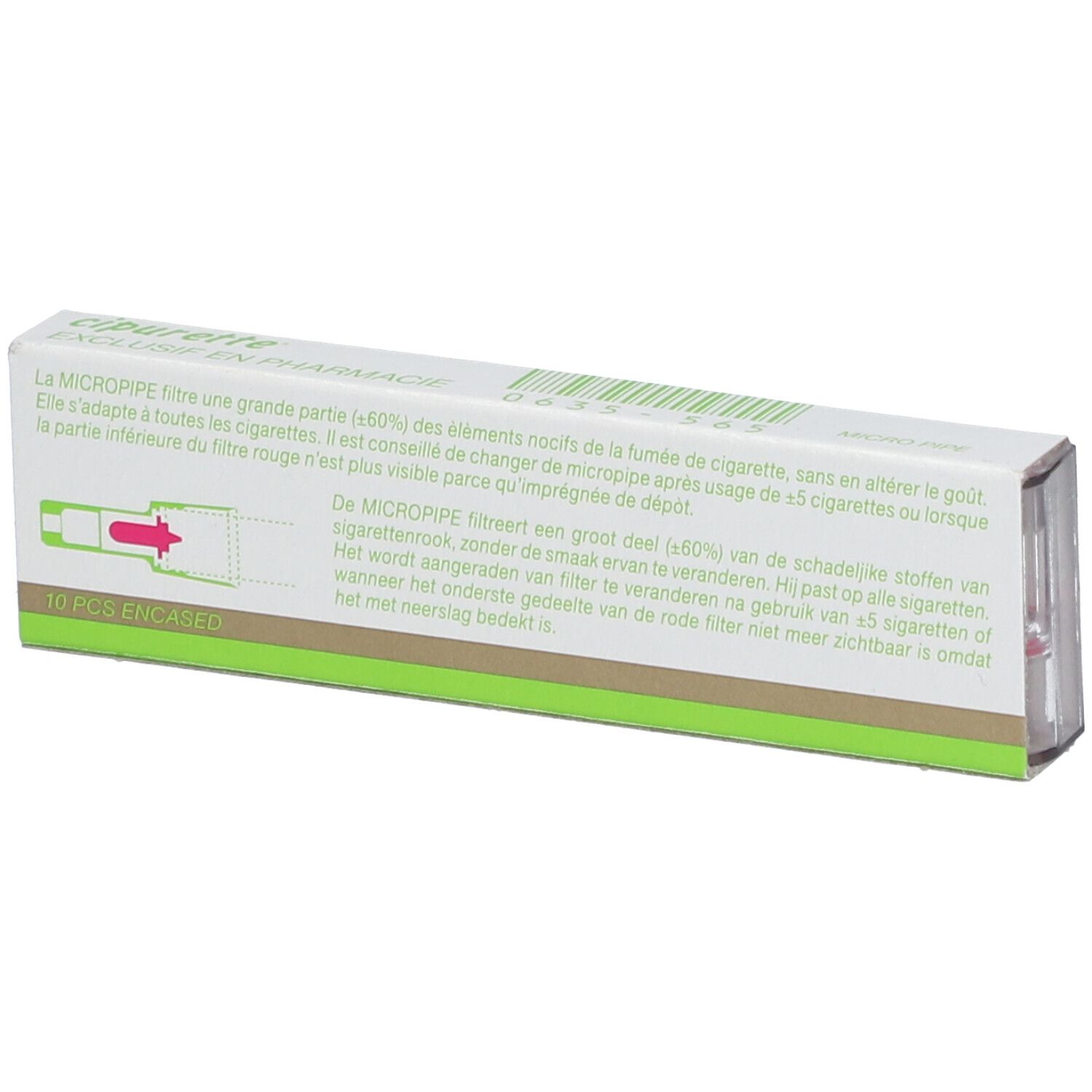 Verpakking van Cipurette micro-buisfilter. Tekst: 10 PCS ENCASED, productbeschrijving in het Frans en Nederlands.