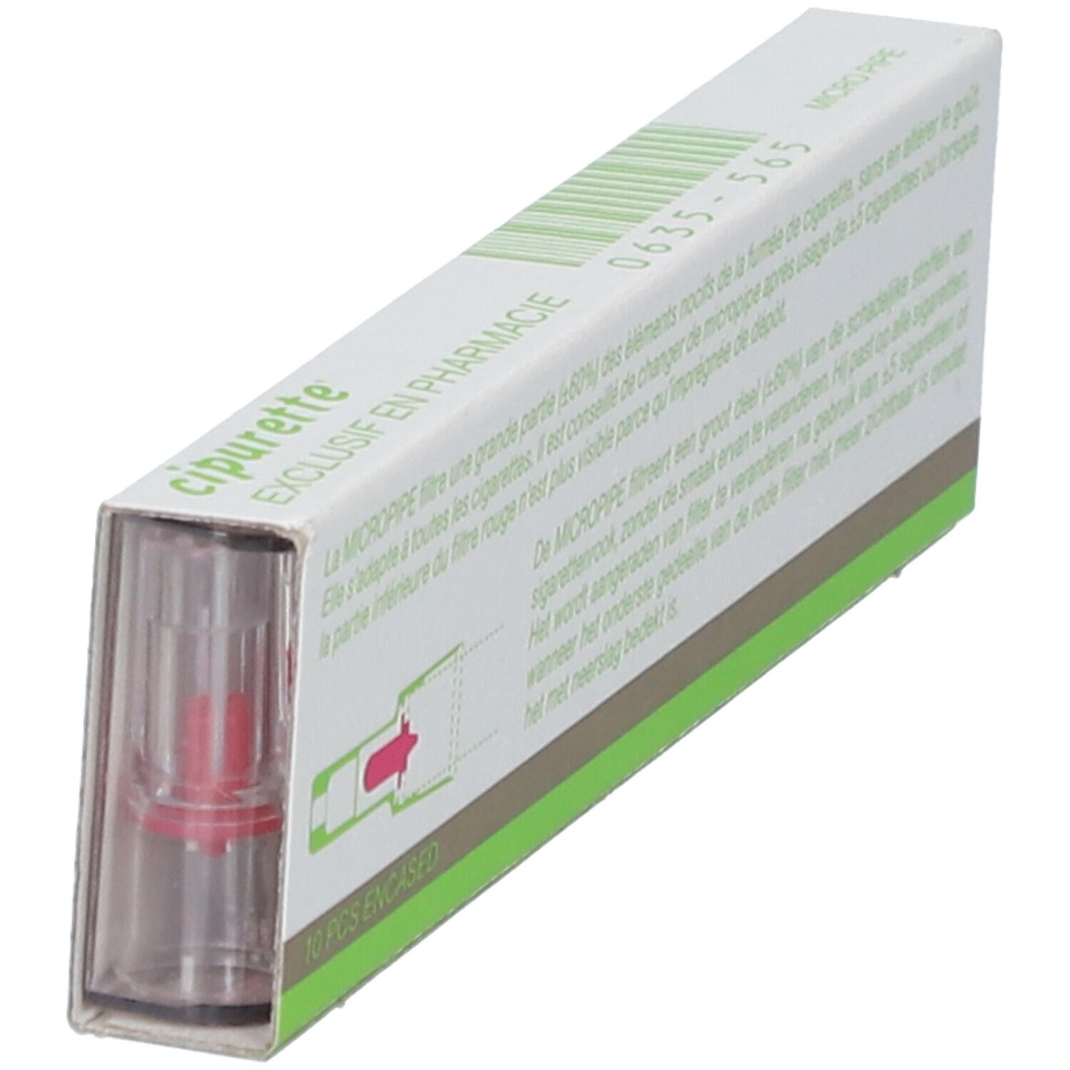 Open verpakking van Cipurette micro-buisfilter. Zichtbaar: filter in behuizing. Tekst: Cipurette, EXCLUSIF EN PHARMACIE.