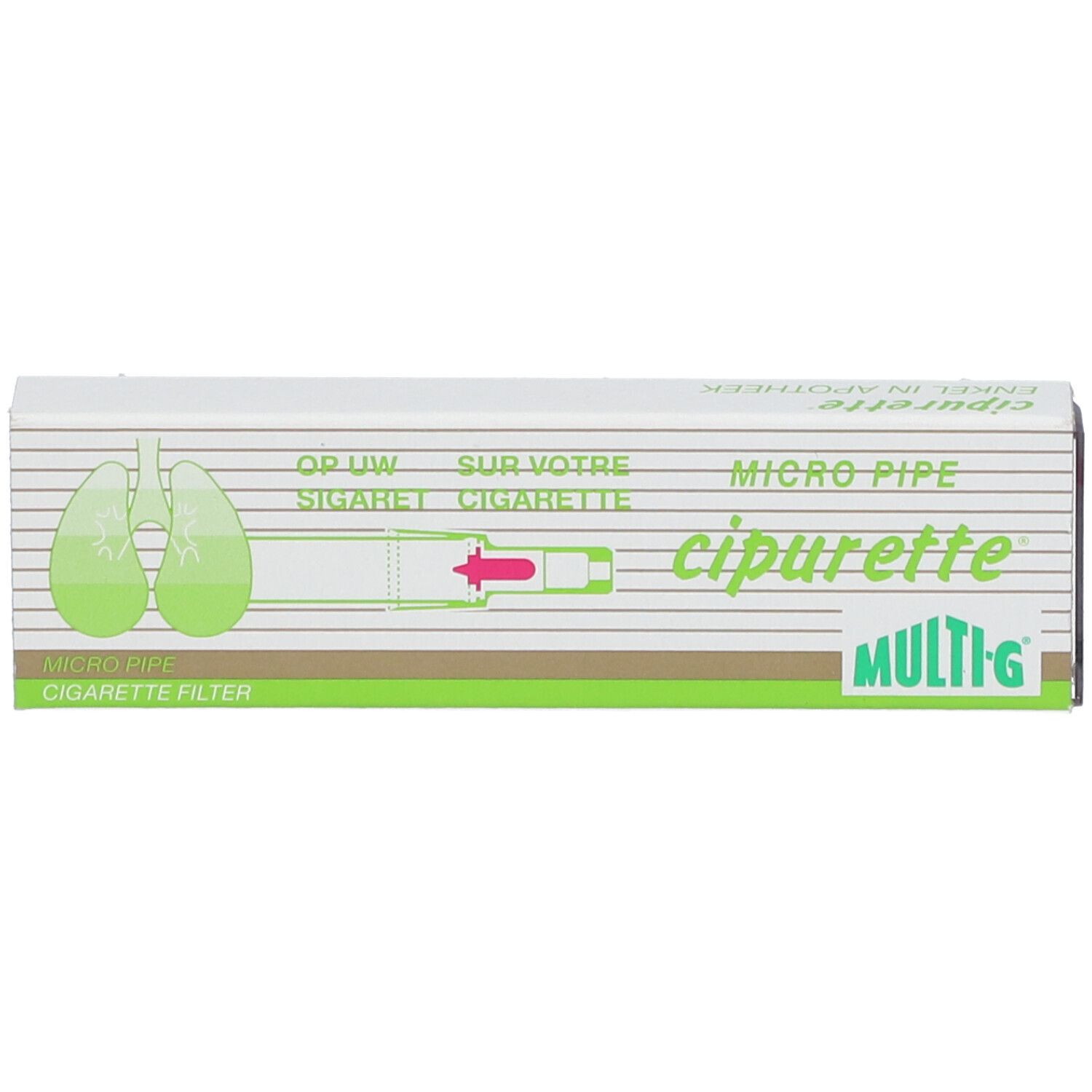 Verpakking van Cipurette micro-buisfilter. Wit, met groene accenten en productillustratie. Tekst: Micro Pipe, Cipurette, MULTI-G.
