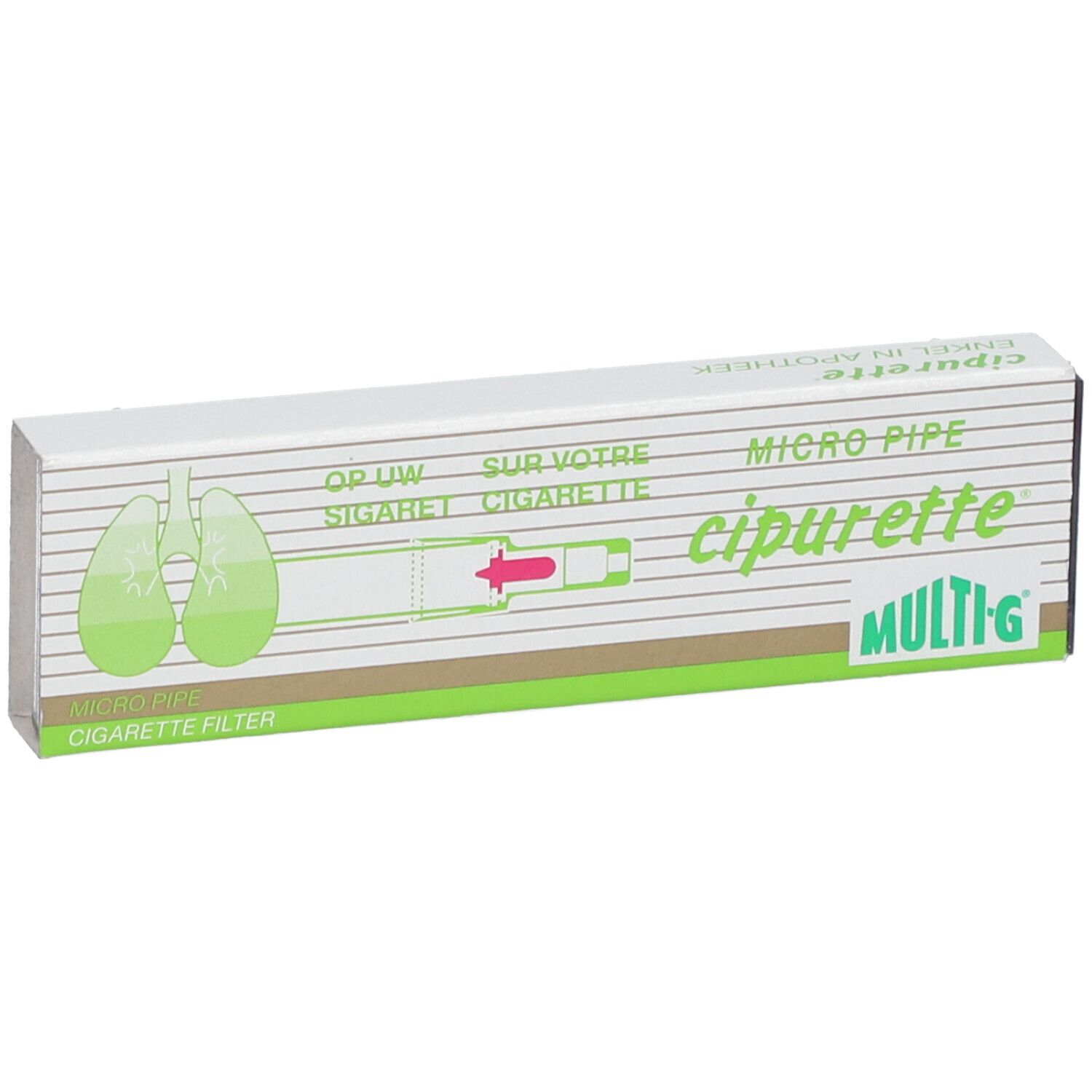 Verpakking van Cipurette micro-buisfilter. Wit, met groene accenten en productillustratie. Tekst: Micro Pipe, Cipurette, MULTI-G.