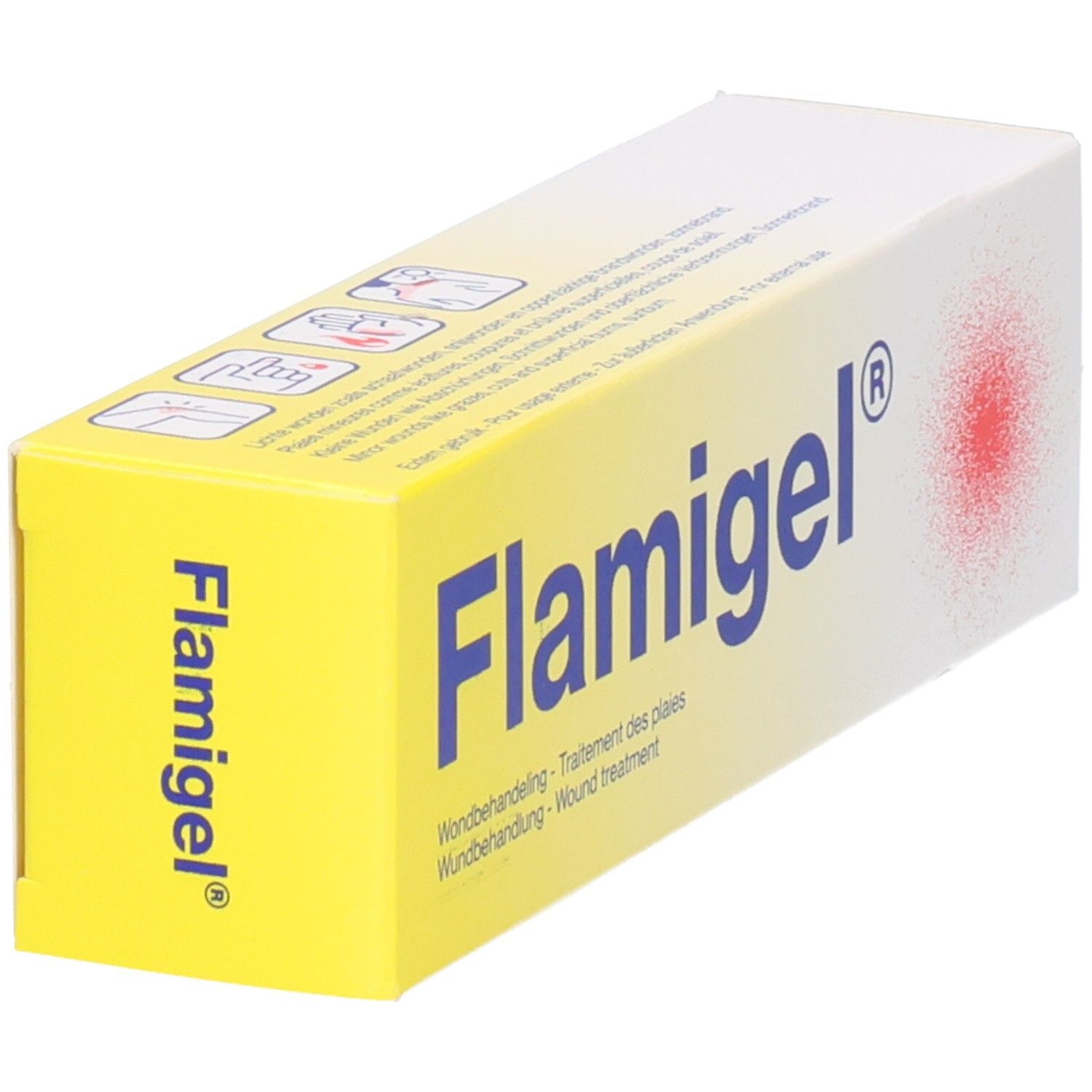 Gel-Tube mit Flamigel®-Logo. Aufschrift: Gel. Tube mit weißer Kappe. 50 g.