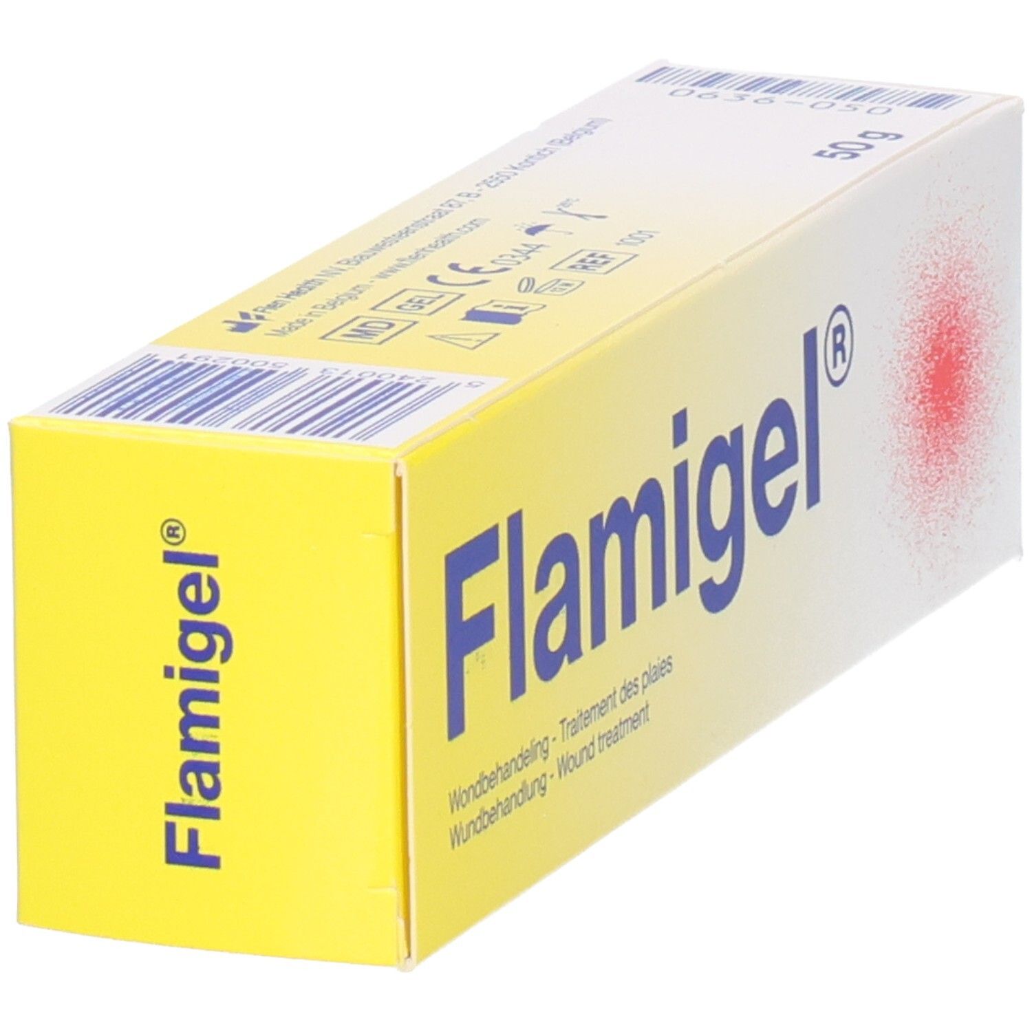 Gel-Packung mit Flamigel®-Logo. Aufschrift: Wundbehandlung. Gel-Packung mit rotem Punkt-Design. 50 g.