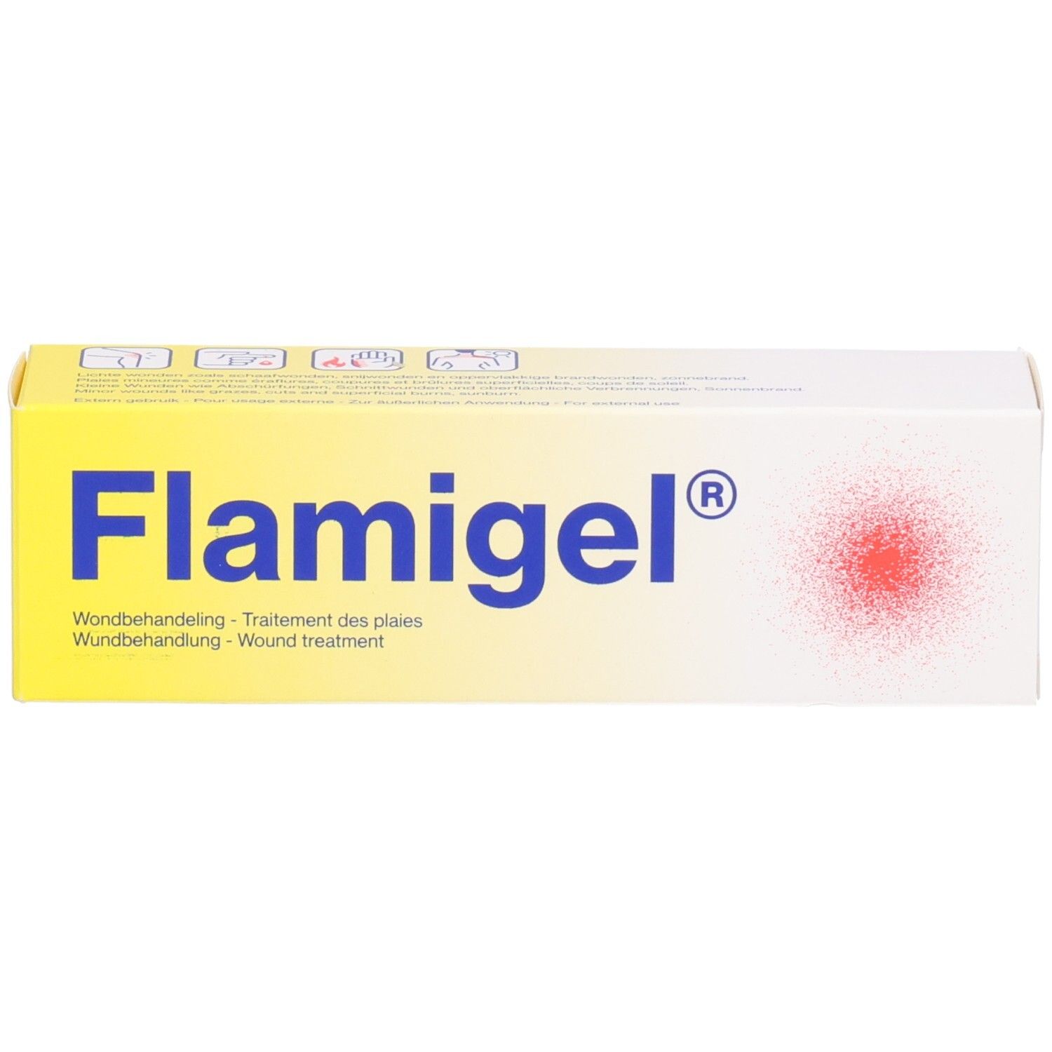 Gel-Packung mit Flamigel®-Logo. Aufschrift: Wundbehandlung. Gel-Packung mit rotem Punkt-Design. 50 g.