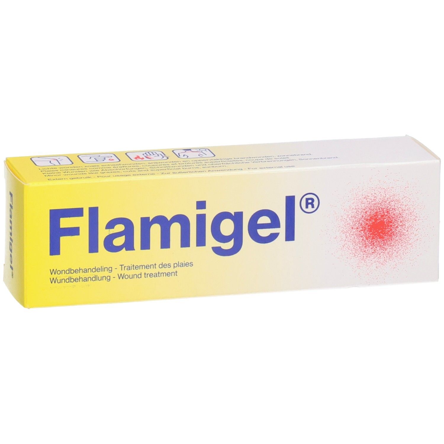Gel-Packung mit Flamigel®-Logo. Aufschrift: Wundbehandlung. Gel-Packung mit rotem Punkt-Design. 50 g.